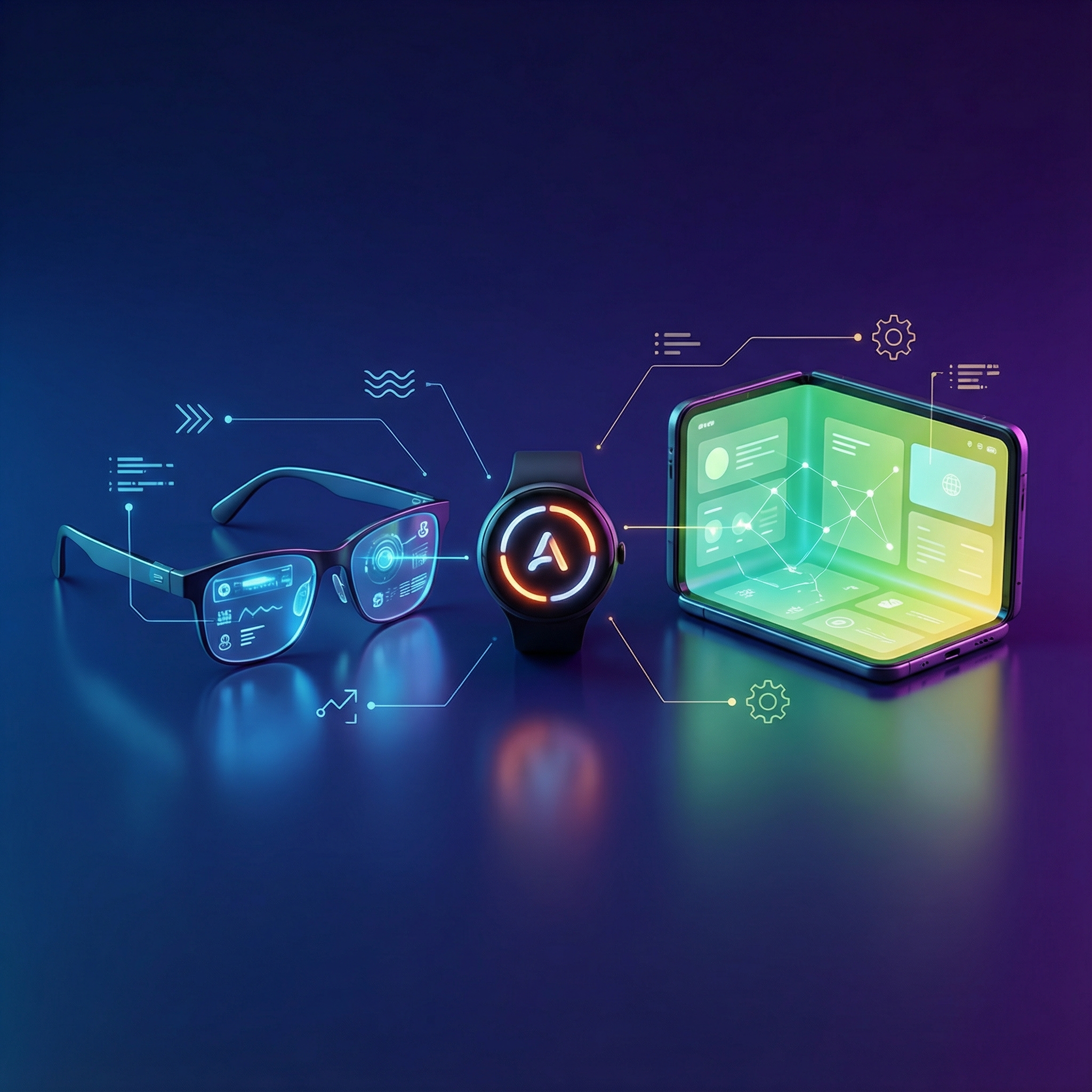 A diverse collection of futuristic consumer tech gadgets with sleek designs and glowing interfaces, including smart glasses, a wearable AI pin, and a foldable phone. Informational style, clean infographic, modern layout, high contrast, colored background, centered focus, no visible text. aspect ratio 1:1