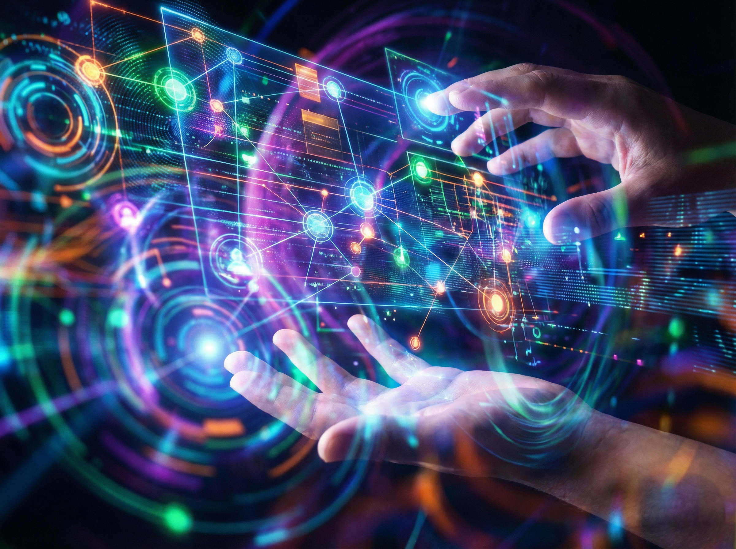 A complex, vibrant holographic interface showing interconnected applications and data, with human hands lightly interacting with the light, representing the application layer of AI. The background is abstract and futuristic. 4:3 aspect ratio, no visible text.