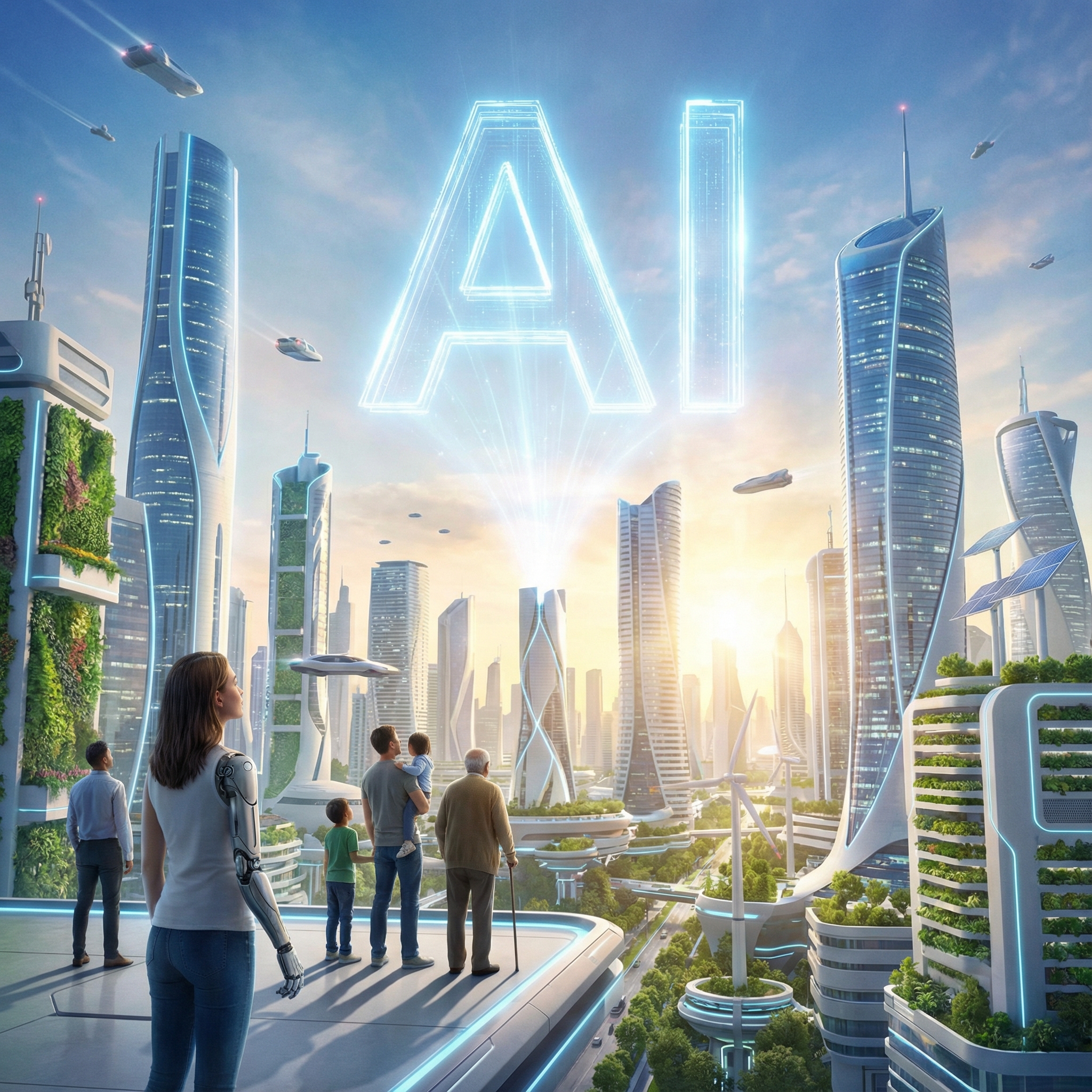 A futuristic city skyline with sleek, glowing buildings, and in the foreground, diverse human figures standing on a platform, looking towards a prominent, stylized AI symbol in the sky. The scene is bright and conveys a sense of controlled progress. Modern layout, 1:1 aspect ratio, no visible text.