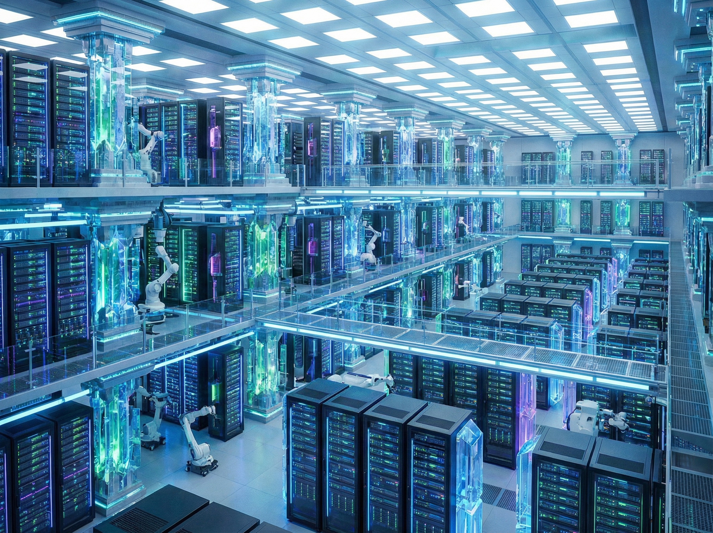 A vast, futuristic data center interior filled with glowing server racks, implying powerful AI computations. The lighting should be bright and balanced, showing advanced technology. 4:3 aspect ratio, no visible text.