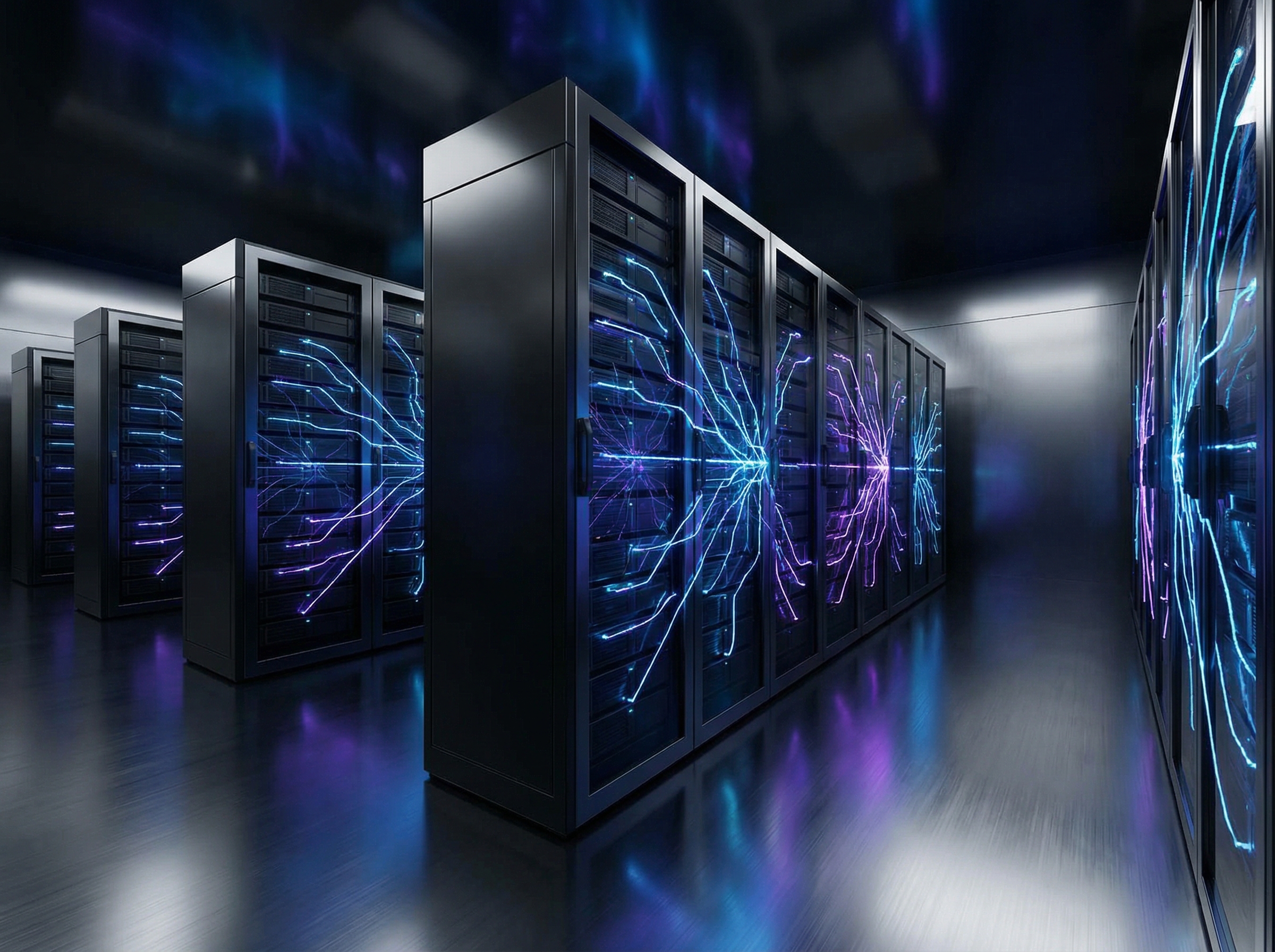 Futuristic data center interior, glowing blue and purple lines connecting server racks, symbolizing advanced AI infrastructure. Modern, high-tech, no visible text, aspect ratio 4:3.
