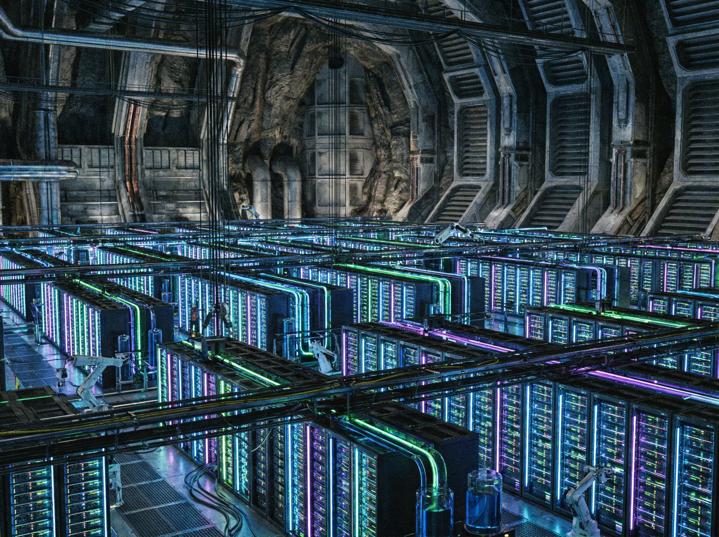 A vast, futuristic data center filled with rows of glowing server racks, showing immense computing power. The composition is detailed and full frame, with a textured background. 4:3 aspect ratio, no visible text.