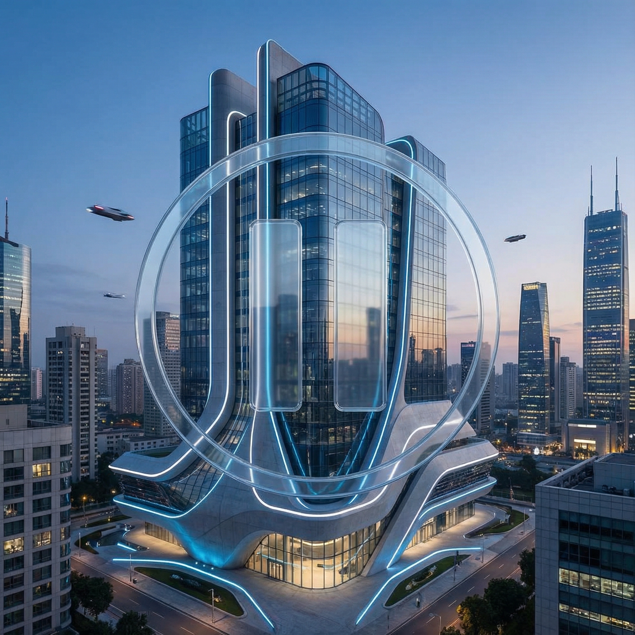 A sleek, futuristic datacenter building with clean lines and glowing accents, set against a modern urban backdrop. A transparent "pause" or "stop" icon is subtly superimposed over the building, representing a call for a moratorium. Informational style, 1:1 aspect ratio, no visible text.