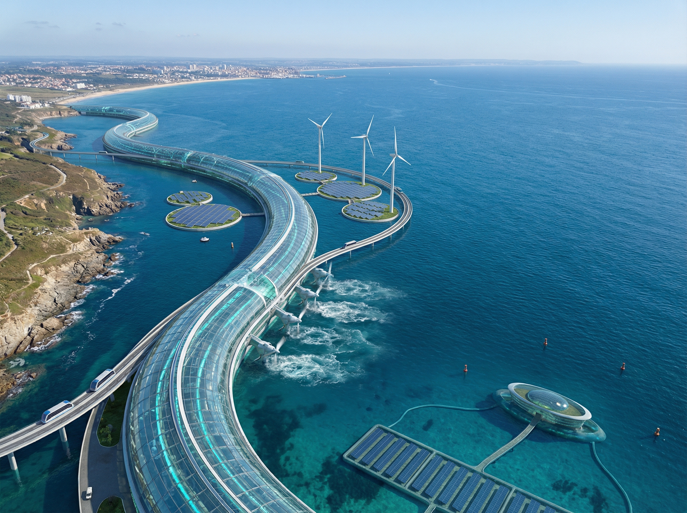 Aerial view of a futuristic tidal power station in the ocean, with clean energy elements and modern infrastructure. The station gently curves along the coastline, capturing the vastness of the sea. Aspect ratio 4:3, no visible text.