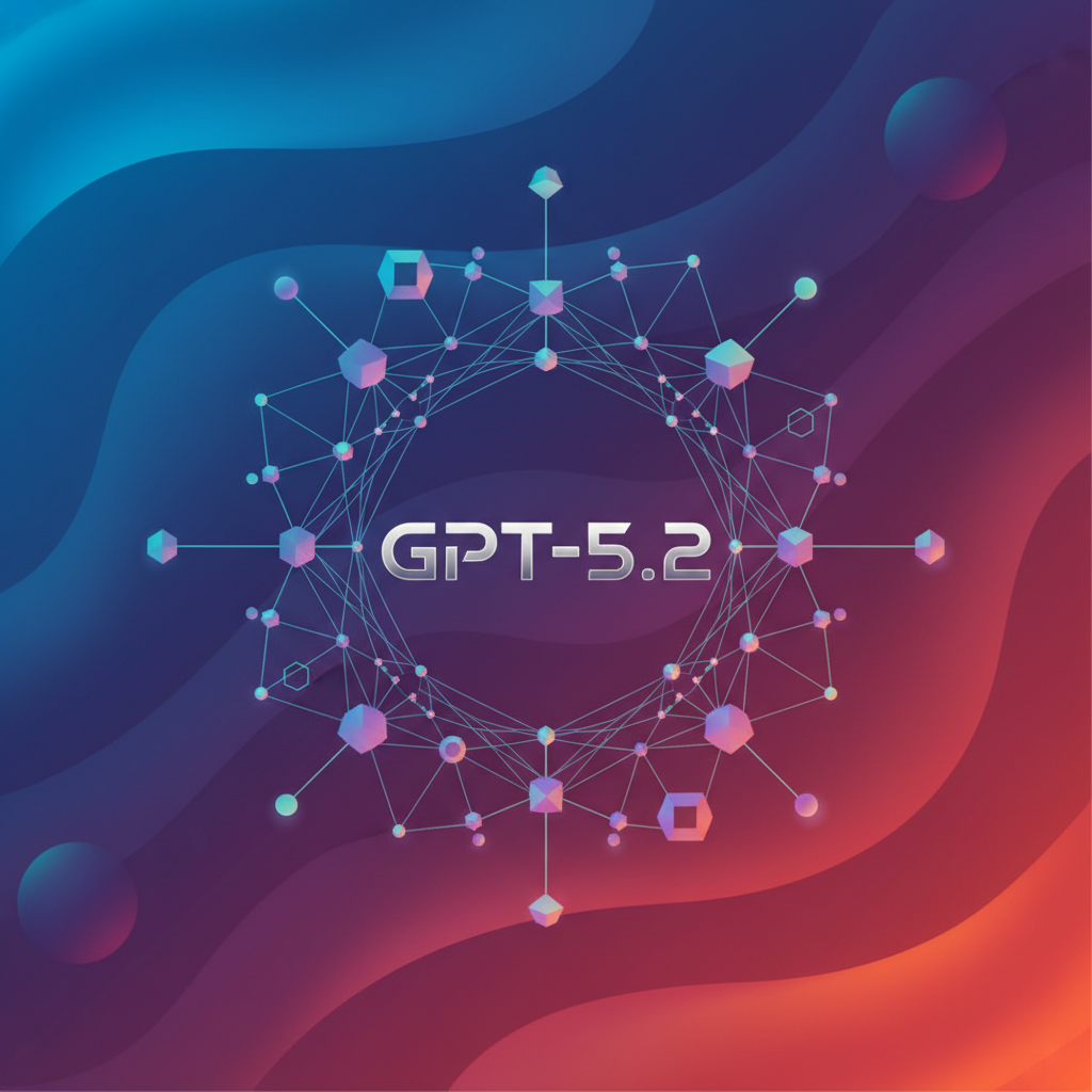 Clean infographic showing the GPT-5.2 logo with stylized interconnected nodes representing an AI agent network, modern layout, high contrast, colored gradient background, no text