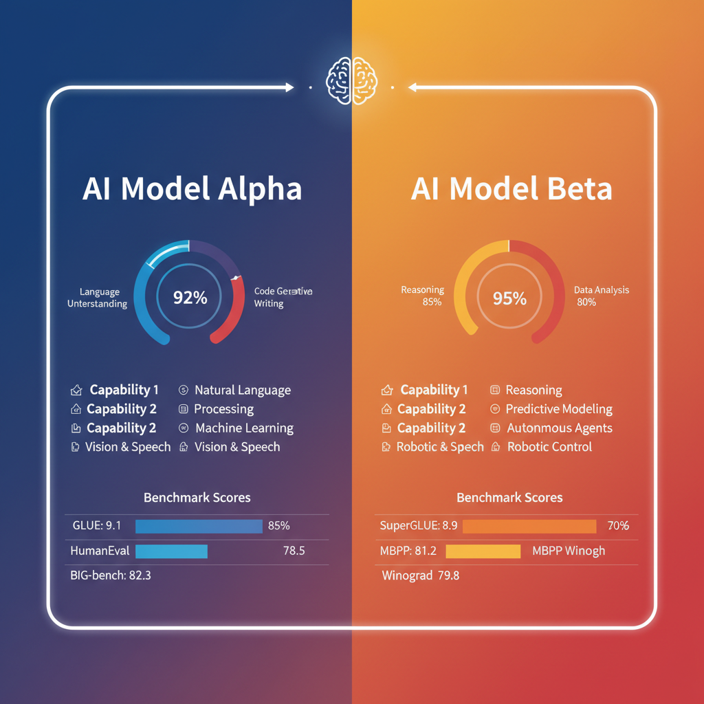 A detailed, clear infographic comparing two advanced AI models, with distinct sections for each, demonstrating their capabilities and benchmark scores in a visually engaging way, bright and balanced lighting, modern gradient background, no text