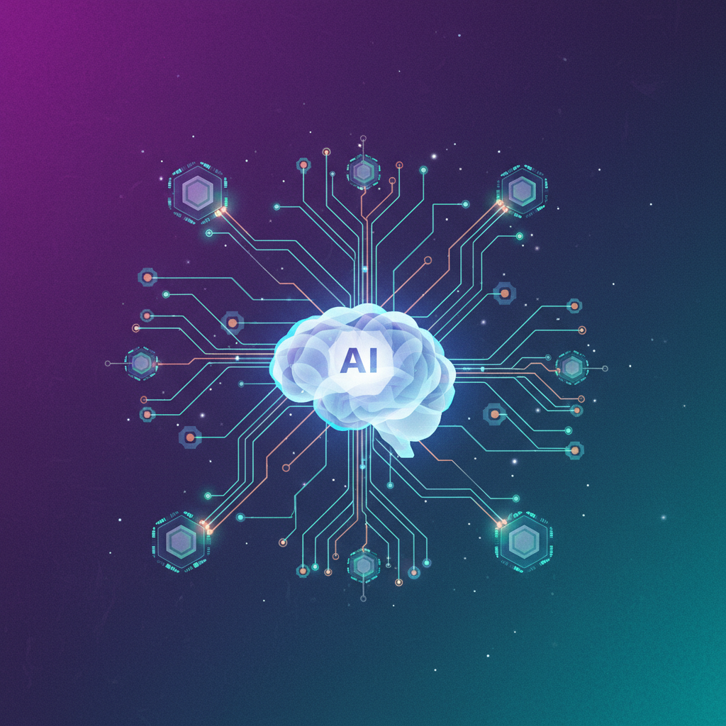 An intricate, clean infographic depicting data flow and processing, representing an advanced AI model update. Emphasize complex network connections and subtle glowing elements. High contrast, modern layout, bright, balanced lighting, and a textured deep purple and teal gradient background. No visible text, no graphs.