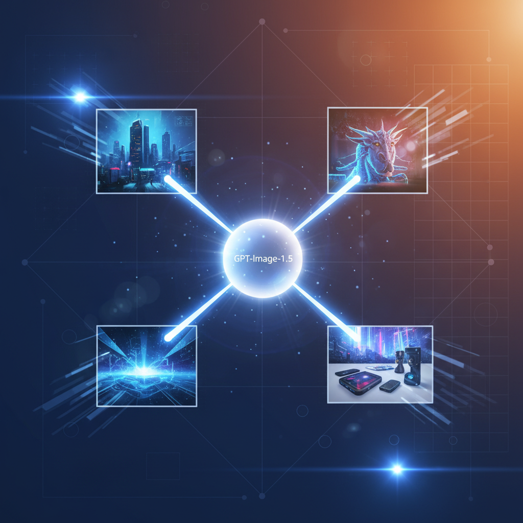 A dynamic visual representation of GPT-Image-1.5 rapidly generating multiple images simultaneously, depicting speed and efficiency with motion blur effects and bright, energetic lighting, modern infographic style, high contrast, gradient background, no text