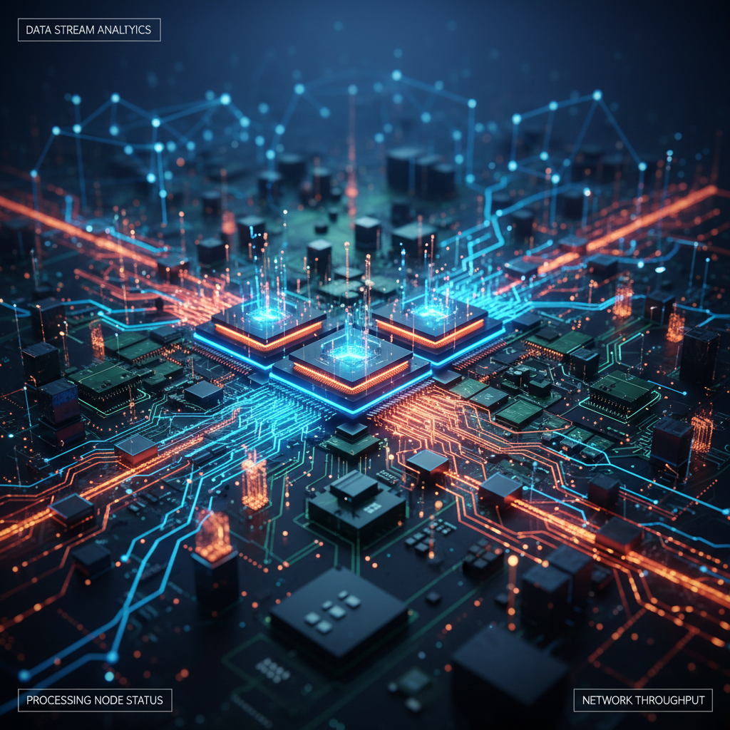An abstract yet realistic infographic depicting a high-speed data flow and processing within a complex circuit board, with glowing GPU cores at its center. The background features a blurred, futuristic data network. Centered focus, visually rich, no empty margins, No visible text in image. If UI elements needed, English-only minimal text. Style: clean infographic, modern layout, high contrast.