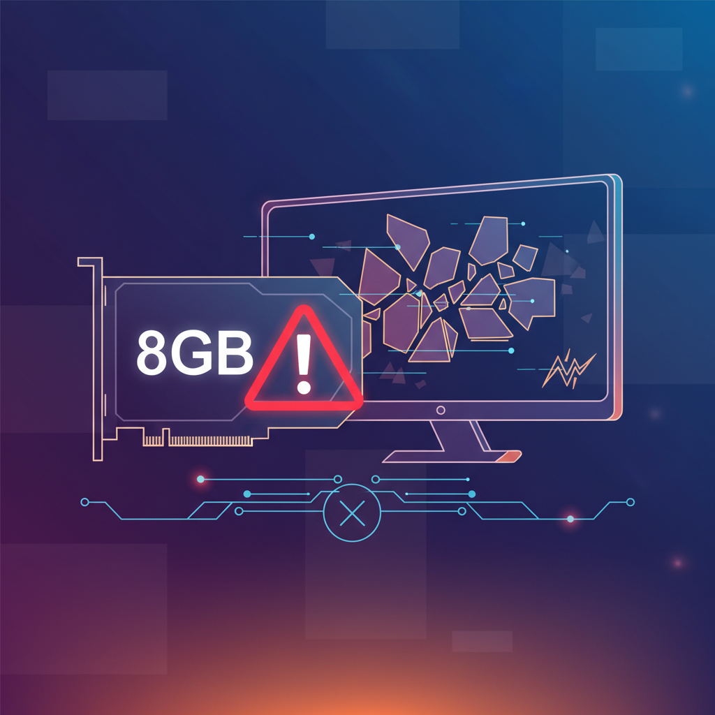 Infographic showing a dedicated GPU with an '8GB' label, and a gaming screen with choppy, low frame rate visuals. An error icon or warning symbol overlays the VRAM amount. Modern layout, high contrast, gradient background, subtle tech patterns. No visible text.