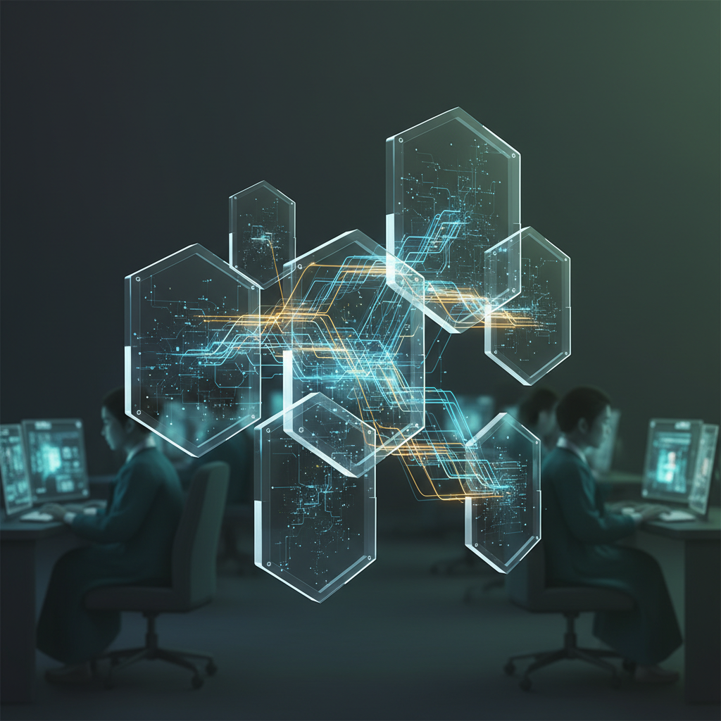 A modern, high-contrast infographic illustrating the secure environment of the GenAI.mil platform, with abstract representations of data flowing securely within a shielded network. The background is a gradient of dark greens and grays, emphasizing protection. Korean appearance figures interacting with secure terminals in the background. No text.