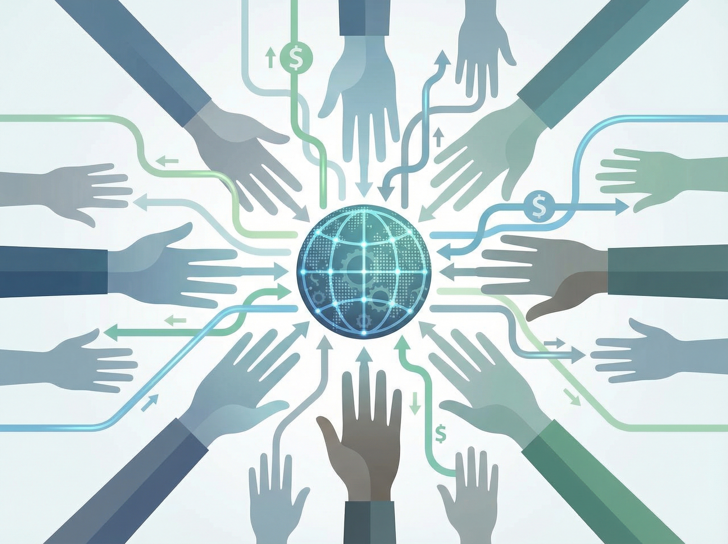 Abstract representation of global collaboration, with interconnected lines and diverse hands working together, symbolizing research partnerships and funding. Informational style, clean infographic, aspect ratio 4:3, no visible text.