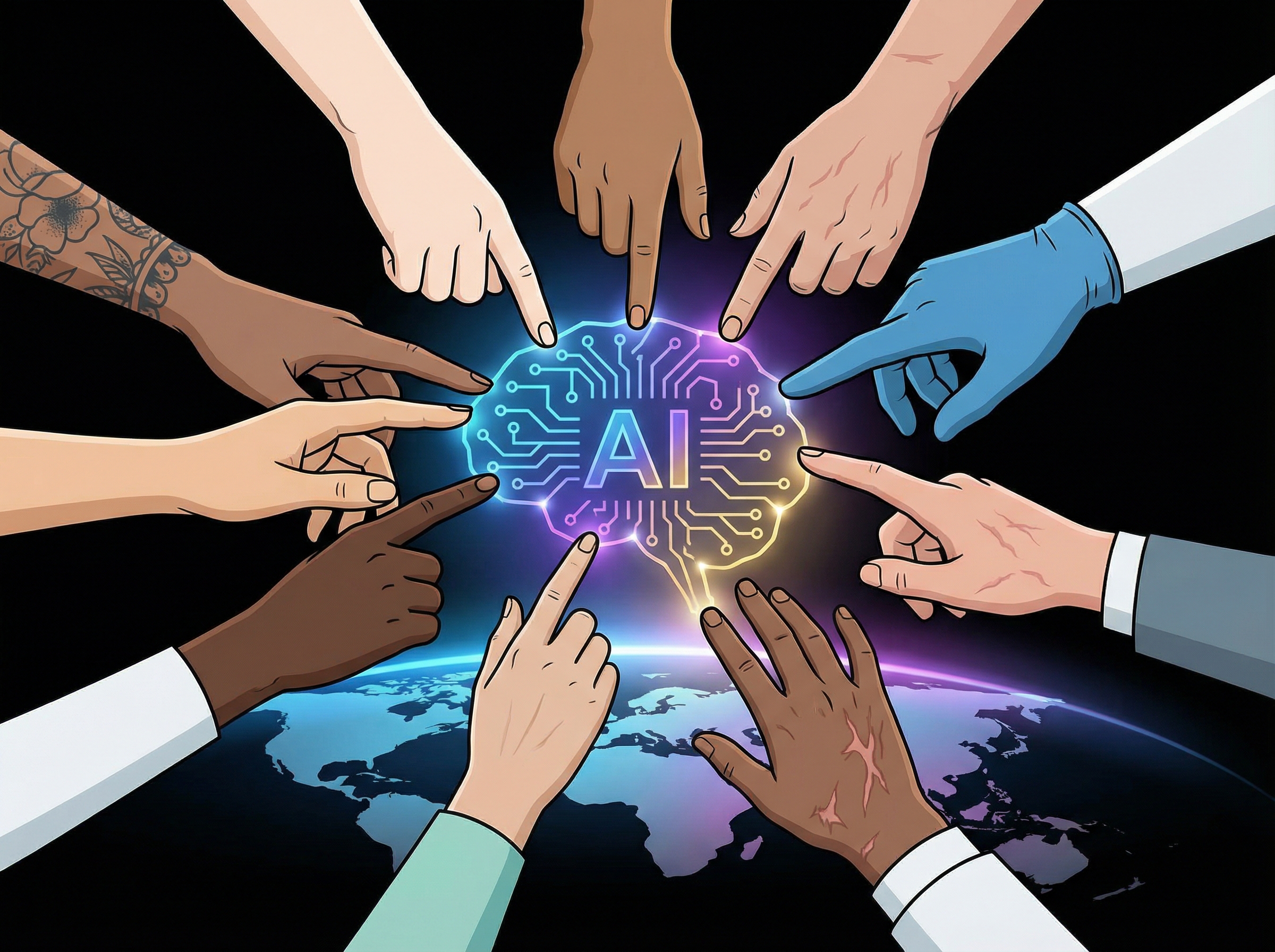 Informational style clean infographic high contrast showing multiple hands from diverse backgrounds coming together over a glowing AI symbol, representing global collaboration and policy-making. Aspect ratio 4:3 no visible text.