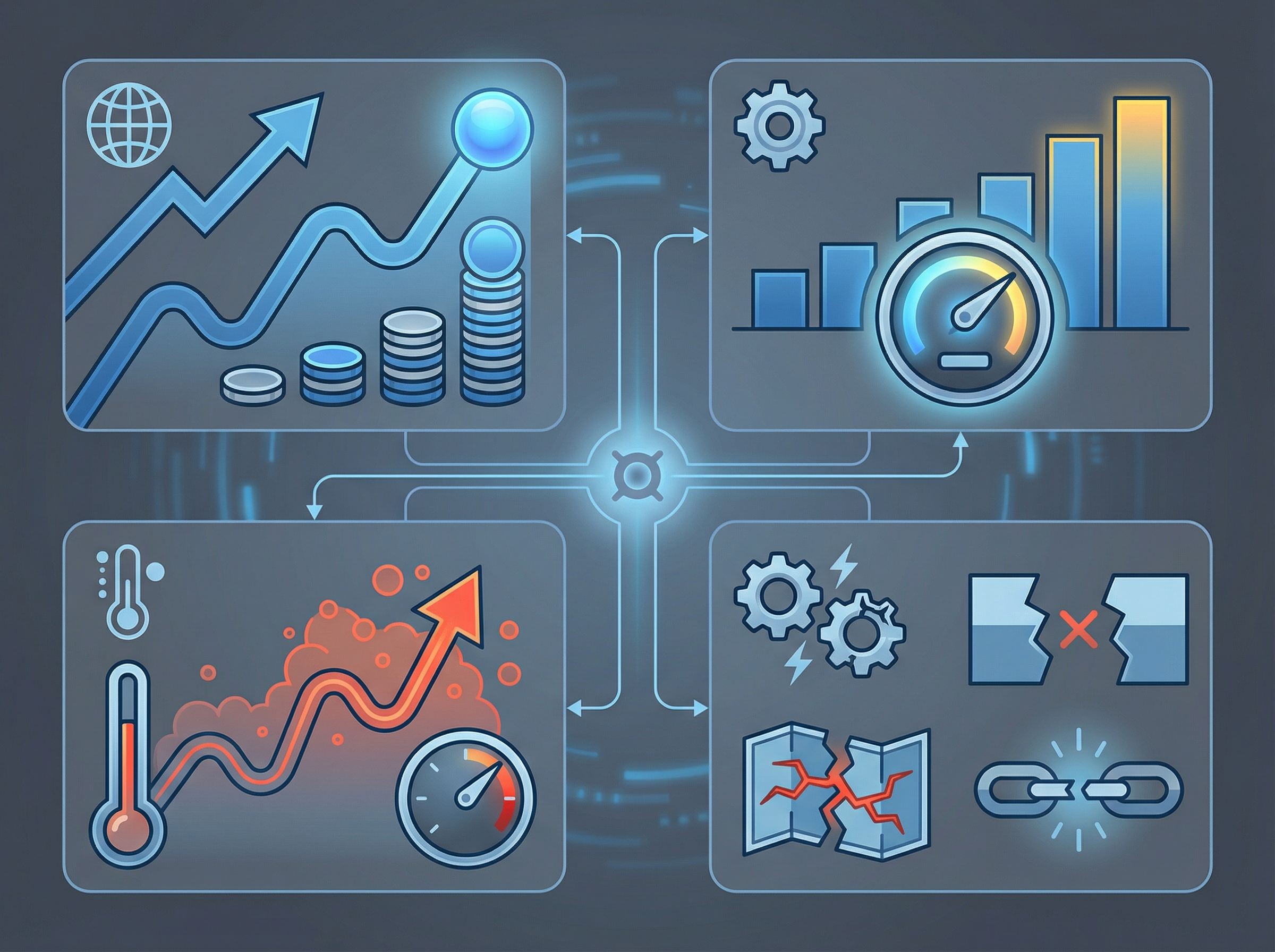 A comprehensive infographic showing key economic indicators for 2026, with a focus on global GDP, inflation, interest rates, and trade tensions. Use a clean, modern layout with high contrast and a blue and grey color scheme. No visible text. Aspect ratio 4:3.