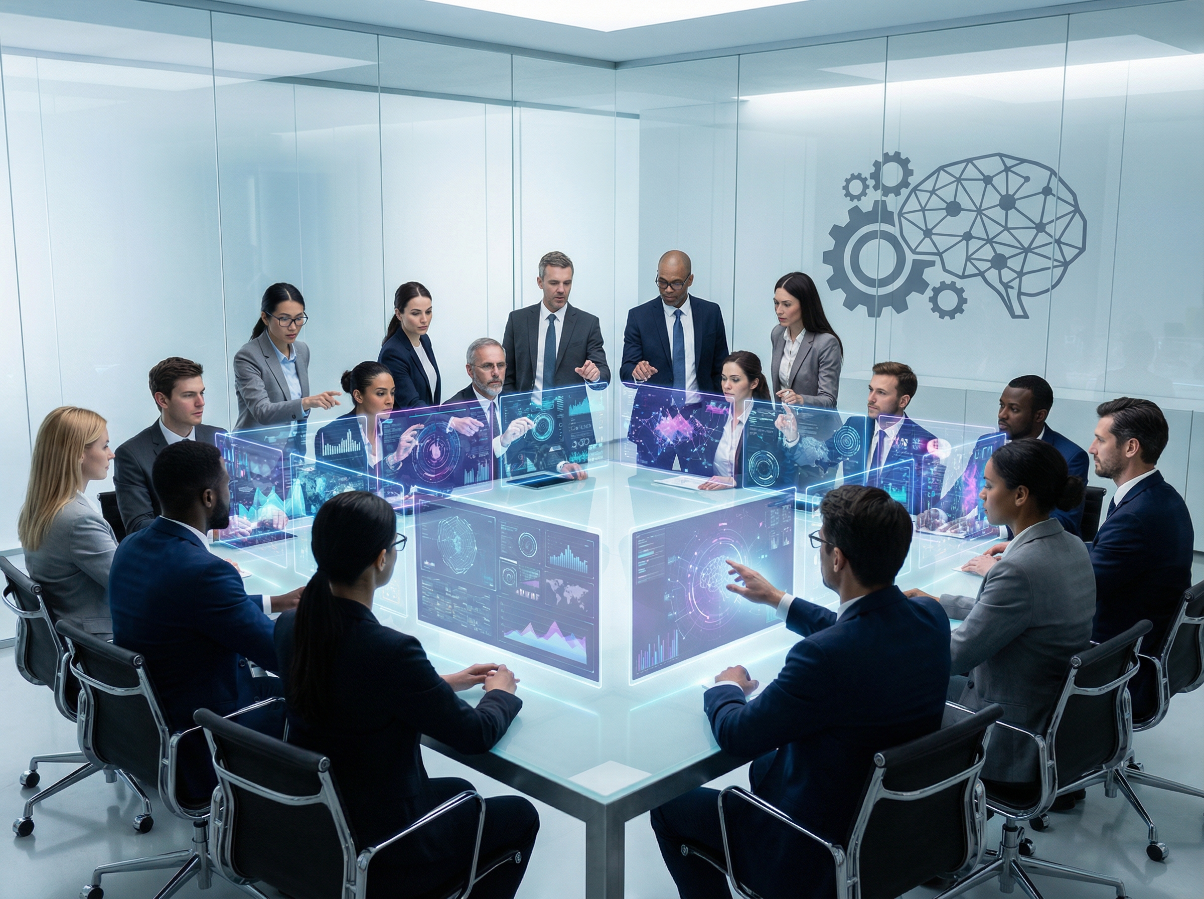 A diverse group of global leaders, including women and men of various ethnicities, engaged in a serious discussion around a large, futuristic table, with holographic projections of AI data. They are focused on regulating AI. Clean infographic, modern layout, high contrast, 4:3 aspect ratio, no visible text.
