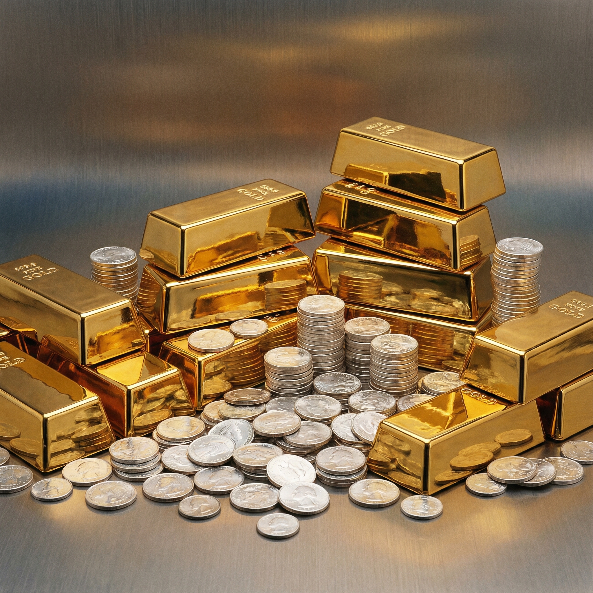 A visually rich composition of gleaming gold bars and polished silver coins stacked together, reflecting light. The background is a muted, metallic gradient suggesting stability and wealth. No visible text, aspect ratio 1:1.