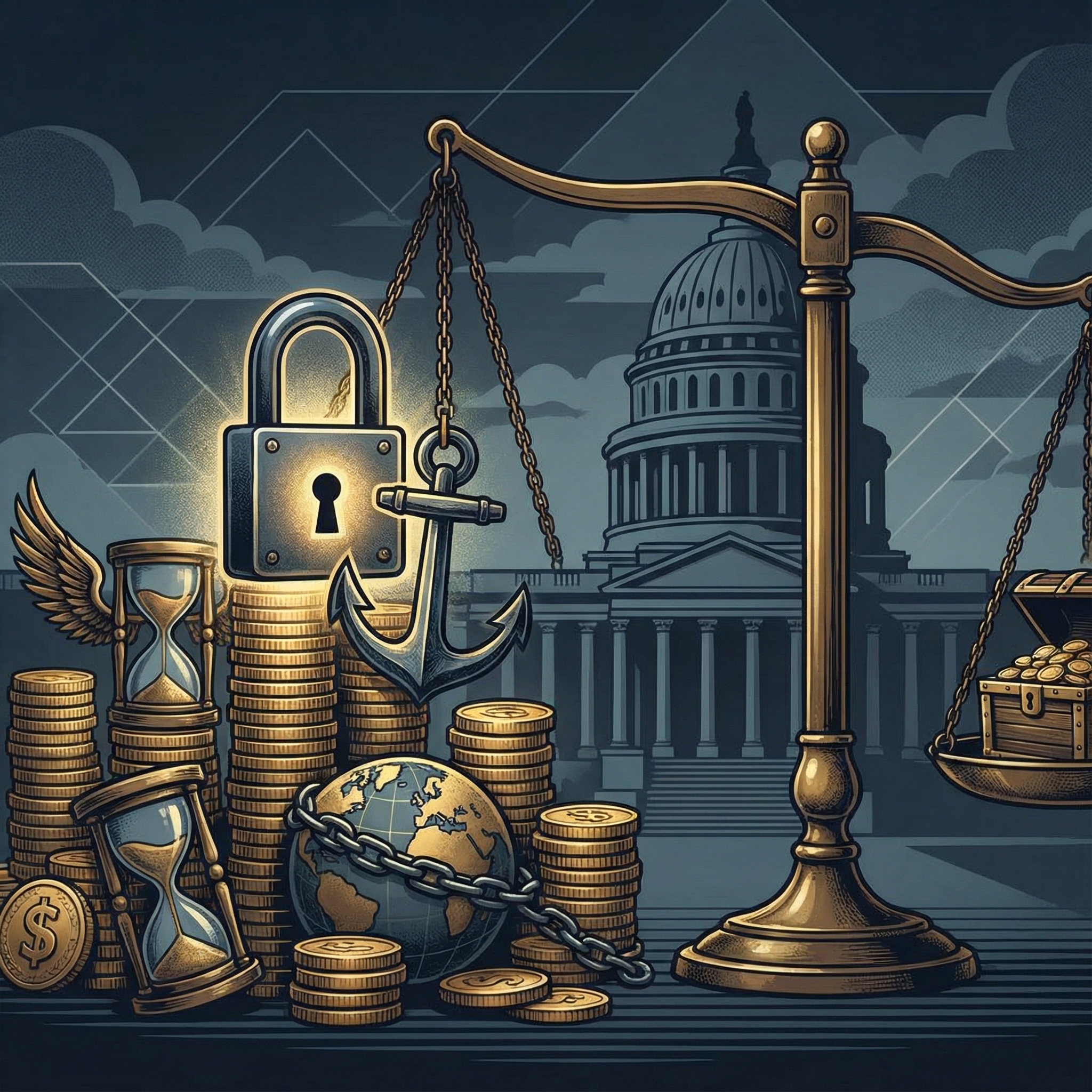 A visually rich illustration representing government borrowing and debt interest costs. Show stacks of coins or financial symbols being weighed down, with a stylized government building in the background. Use a dark, sophisticated color scheme with gold accents. No visible text. Aspect ratio 1:1.