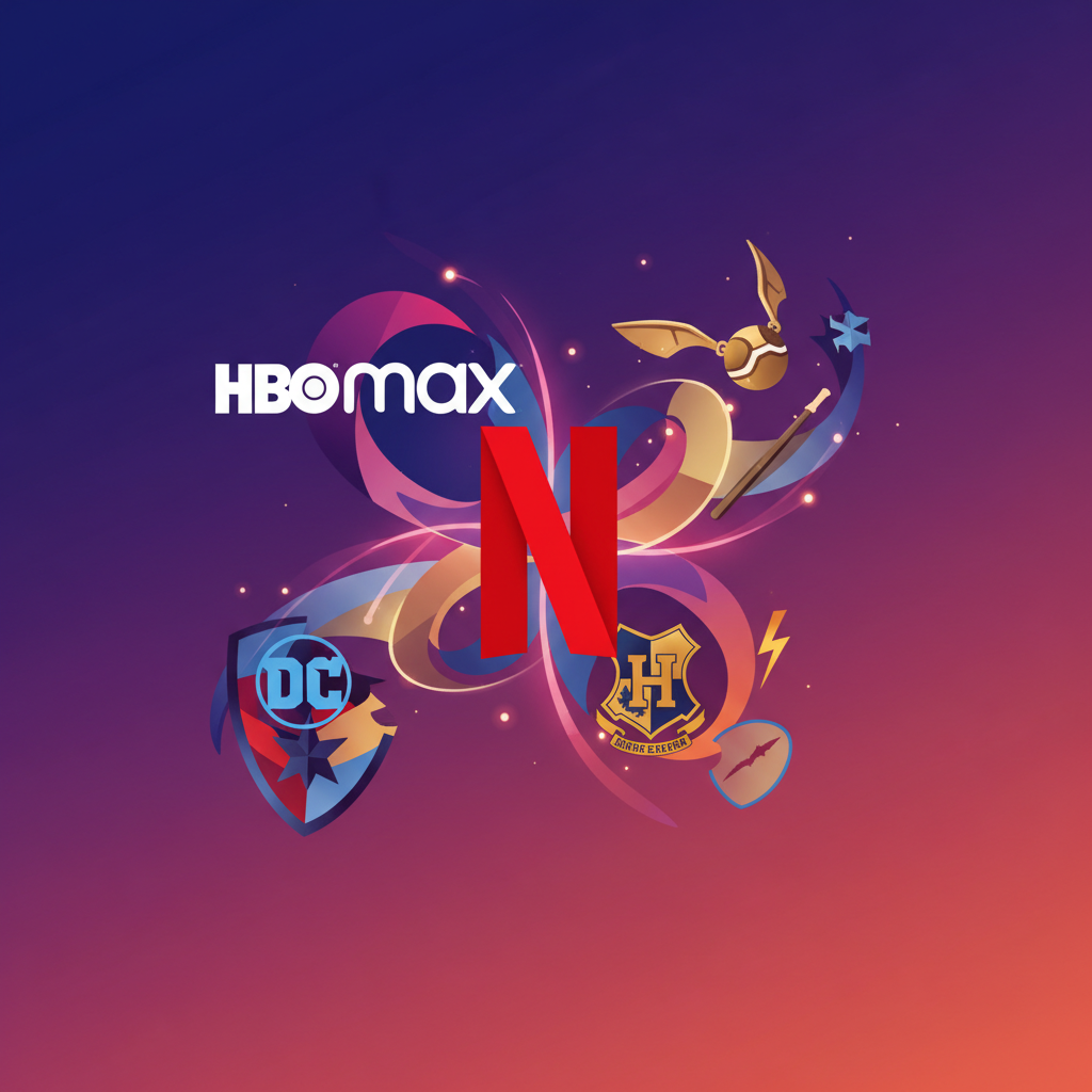 Dynamic infographic with popular content logos (HBO Max, DC Comics, Harry Potter) organically integrating with the Netflix logo, symbolizing a content empire. The design should be modern and vibrant, showcasing a rich visual tapestry of franchises. Style: clean infographic, modern layout, high contrast on a gradient background. No visible text.