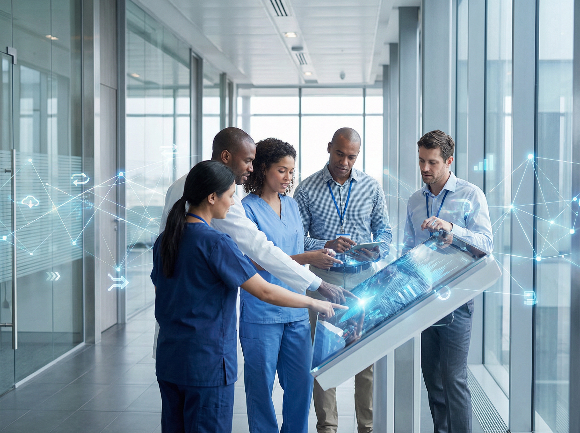 Hospital staff members discussing patient flow and resource allocation in a bright, modern hospital corridor, with an abstract AI interface graphic subtly overlaid. Informational style, clean infographic, 4:3 aspect ratio, no visible text.