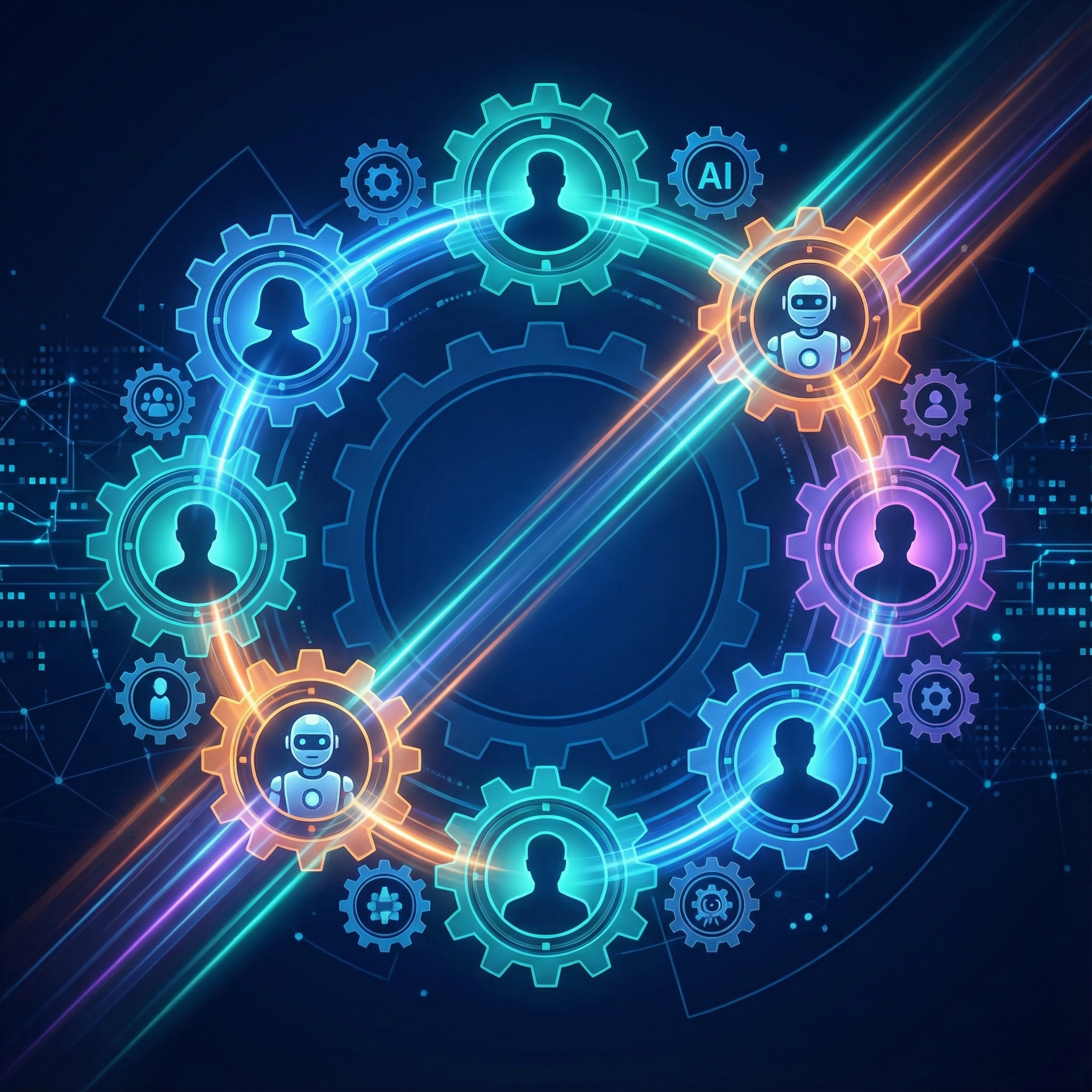 A visually rich, clean infographic showing humans and AI working together harmoniously, represented by interconnected gears or light beams. Modern layout, high contrast, balanced lighting. Aspect ratio 1:1, no visible text, no white background.
