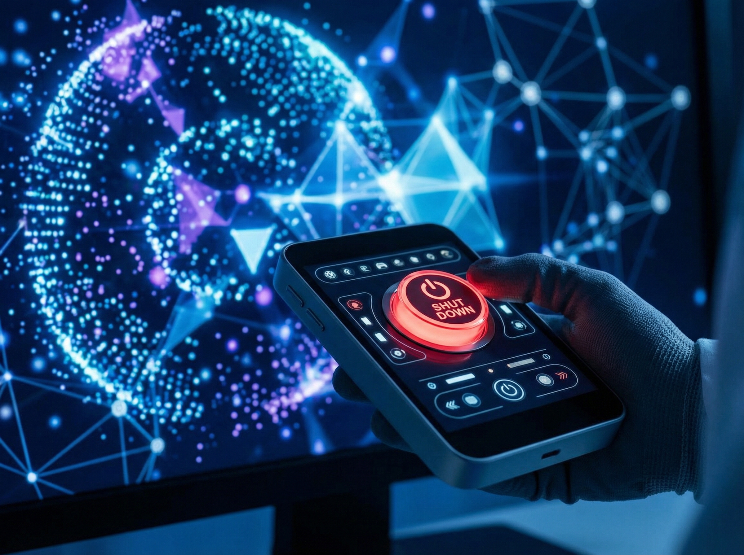A person's hand holding a control panel with a prominent "shut down" button for an advanced AI system. The background shows abstract representations of AI intelligence. Informational style, clean infographic, modern layout, high contrast, aspect ratio 4:3, no visible text.