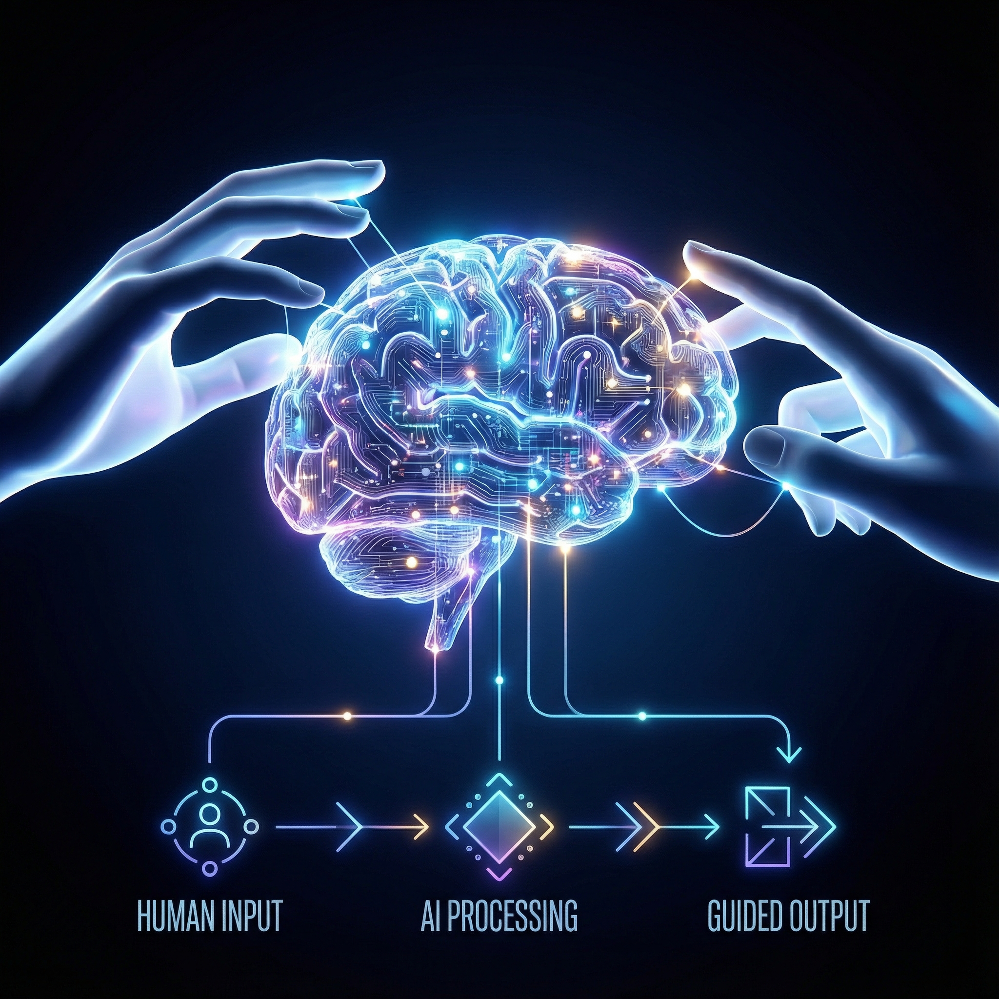 Human hands delicately interacting with a glowing, intricate digital brain representing AI, conveying a sense of control and guidance. Clean infographic, modern layout, high contrast, 1:1 aspect ratio, no visible text.