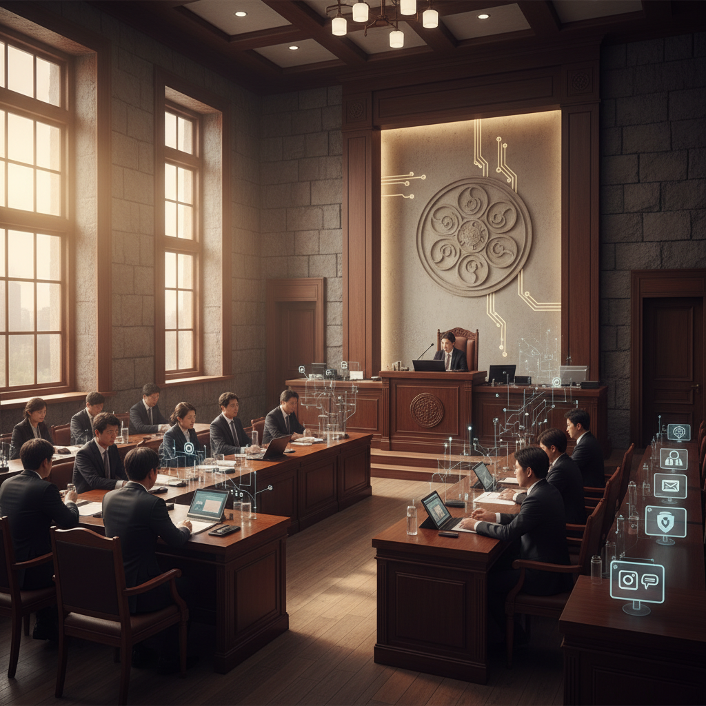 A scene depicting a legal courtroom, with subtle digital elements representing technology and apps, warm lighting, textured background, no text, Korean appearance.