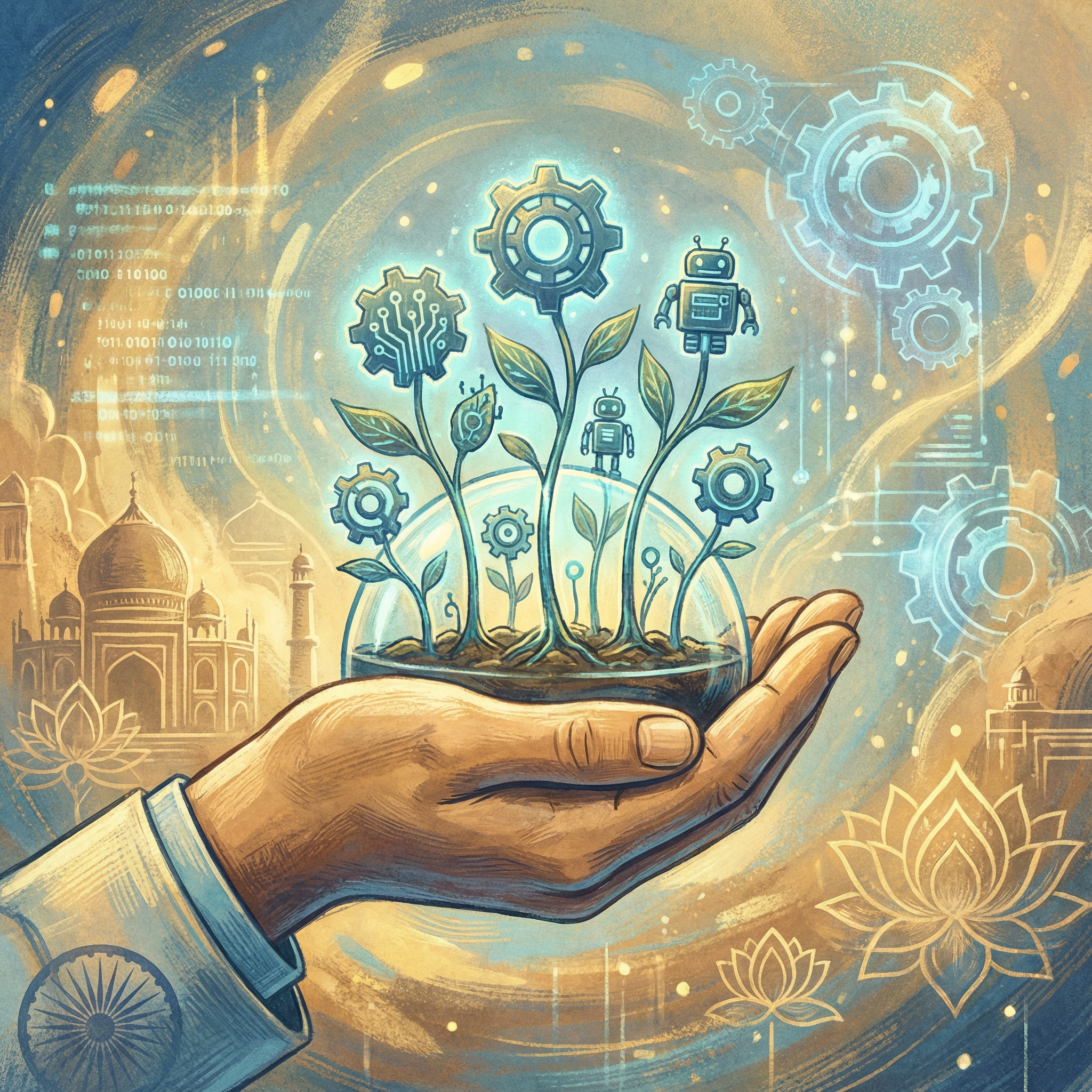 An illustration of a hand (representing the Indian government) nurturing small plants (representing deep-tech startups like quantum computing, robotics) in a vibrant, futuristic setting. The background has subtle elements of Indian culture and technology. Artistic rendering, textured background, no visible text, aspect ratio 1:1.