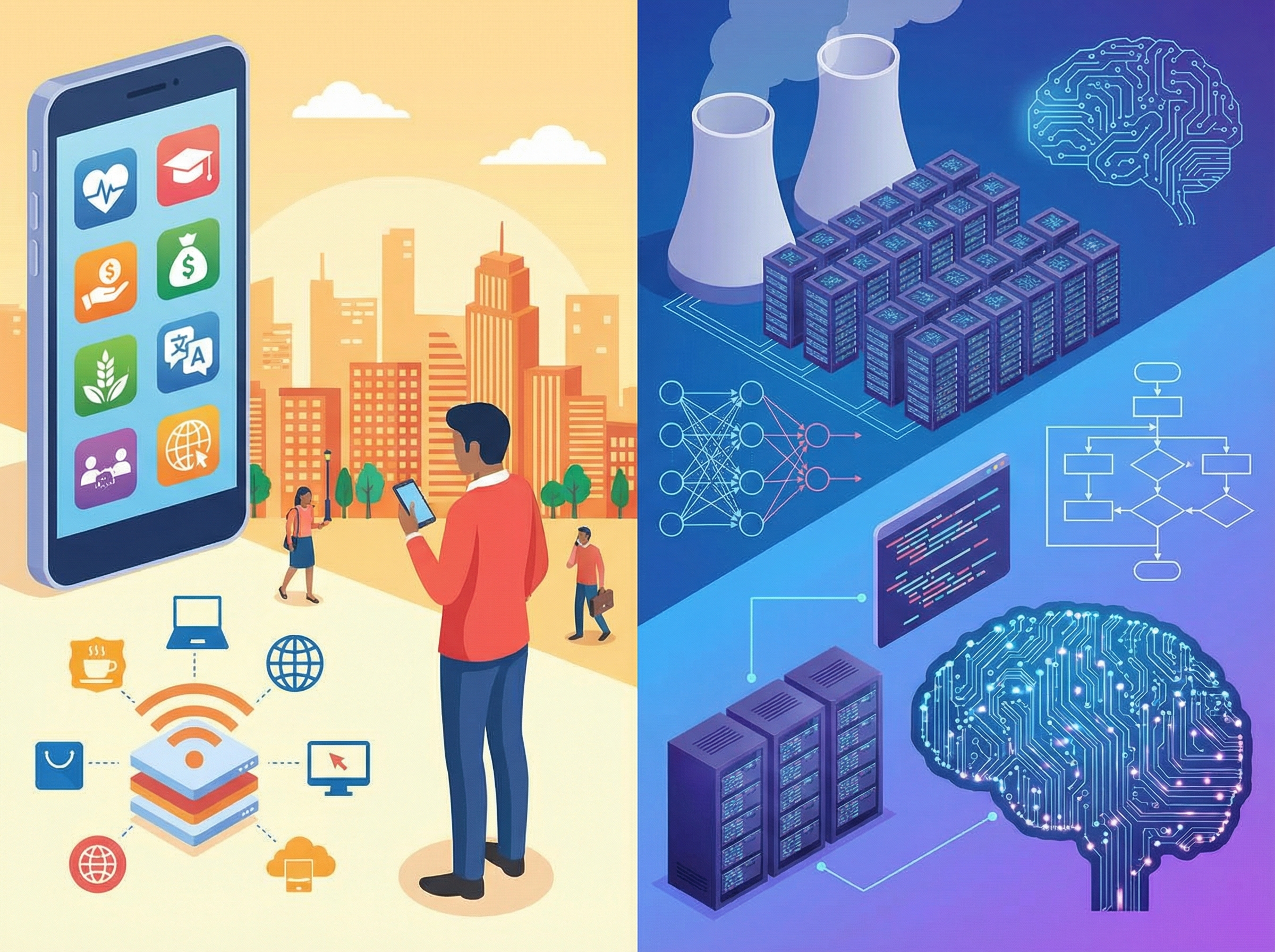 A split image comparing two distinct investment strategies in AI startups. One side shows India's focus on application-led AI with icons of mobile apps and services. The other side shows the US focus on foundational models with icons of complex algorithms and data centers. Clean infographic style, no visible text, aspect ratio 4:3.