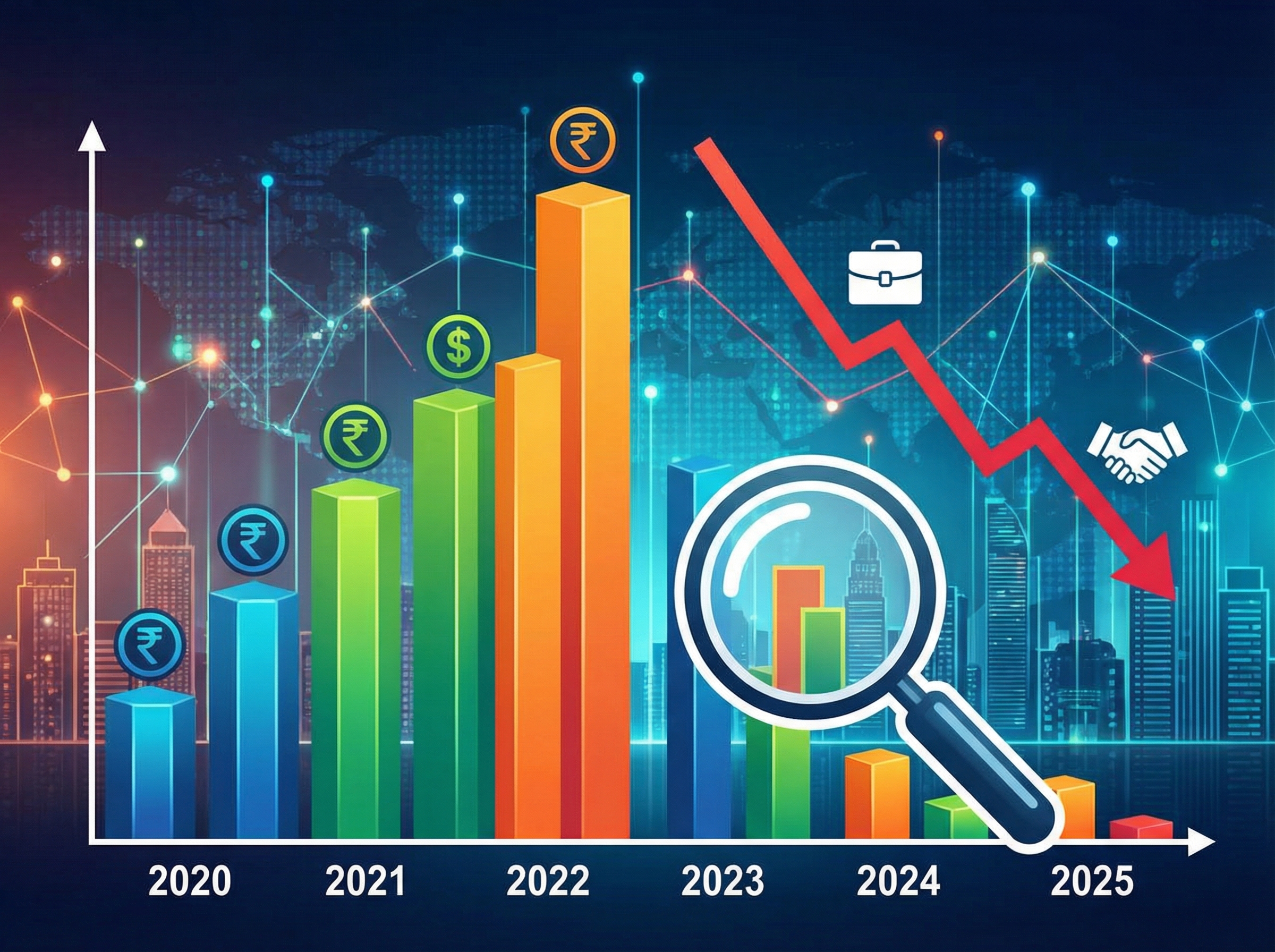 A vibrant infographic showing a rising bar chart for total funding and a declining line chart for number of deals in India's startup ecosystem in 2025, with a magnifying glass over the selective aspect. Modern layout, high contrast, no visible text, aspect ratio 4:3.