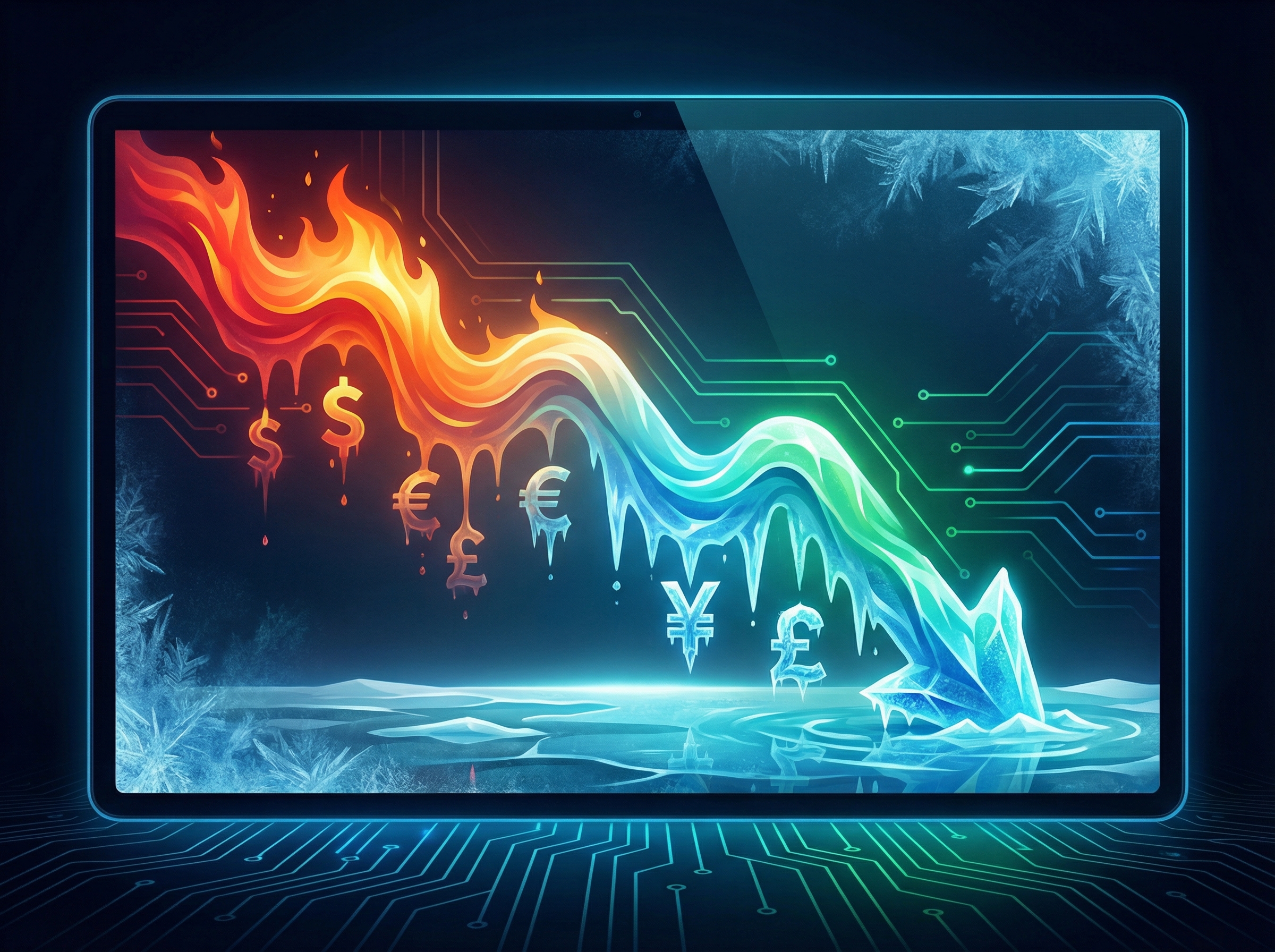 A modern infographic illustrating the concept of cooling inflation. Use a downward trend line, subtle monetary symbols, and a clean, high-contrast design. Blue and green color palette, no visible text. Aspect ratio 4:3.