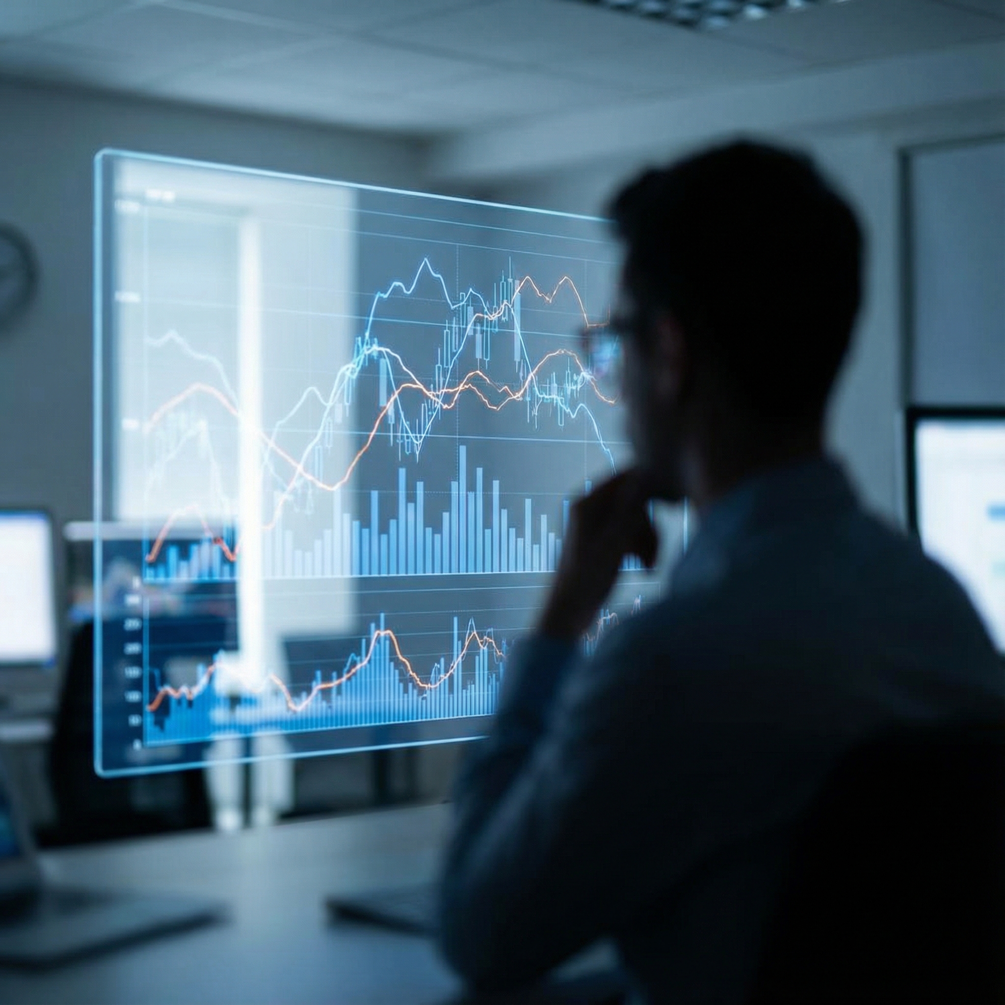 A person, slightly out of focus, looking at a transparent screen displaying complex stock market charts and financial data. The overall style should be informational, suggesting deep analysis and consideration for investment decisions. 1:1 aspect ratio, no visible text.