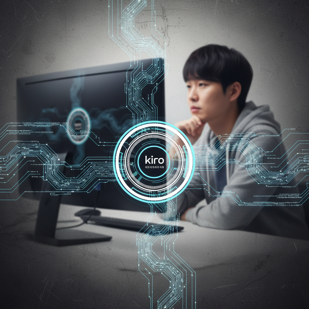 A modern clean infographic showing the Kiro autonomous agent interface (minimal English text if any UI is shown) at the center, with code flowing around it. A human developer is seen in the background, looking at a monitor with a thoughtful expression. High contrast, textured background, centered focus. No visible text. Korean appearance.