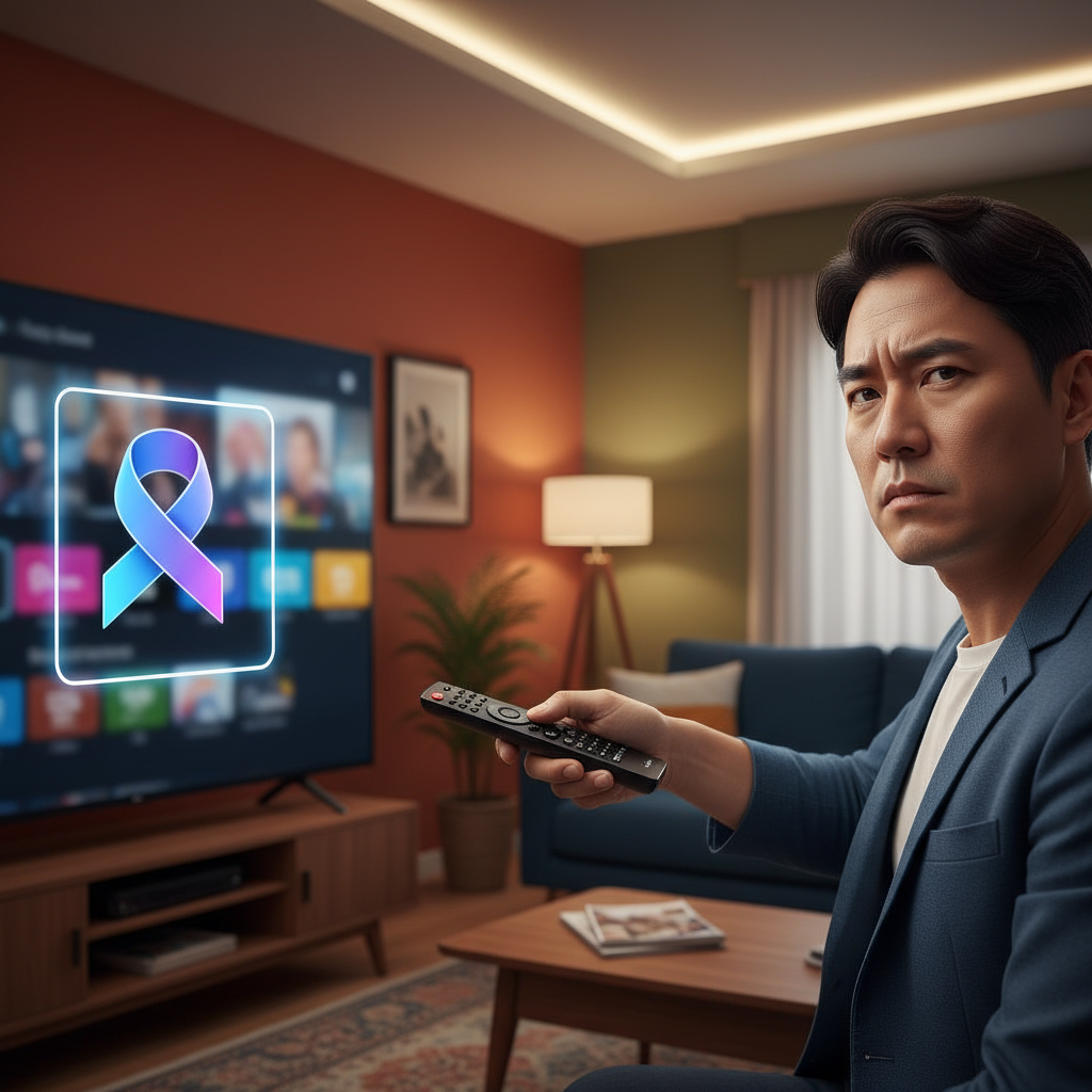 A frustrated Korean user holding an LG TV remote, pointing it at the screen where the Copilot icon is highlighted. The user has a slightly annoyed expression. The background is a modern living room with warm lighting, rich colors, and no text. Aspect Ratio 4:3, no text.
