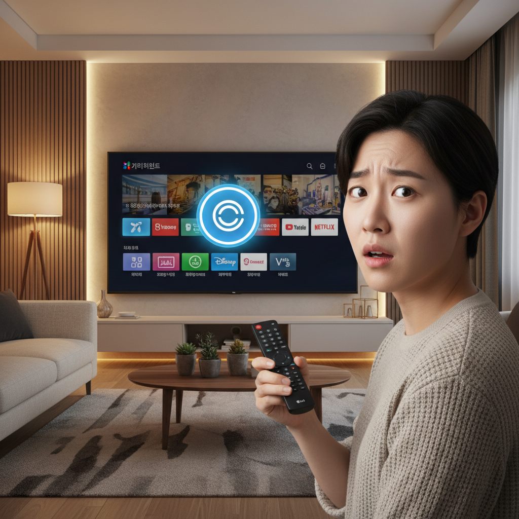 A Korean user looking surprised and slightly annoyed at their LG TV screen, which prominently displays a Microsoft Copilot icon amidst other apps. The user is holding a remote control. The scene has modern living room decor with warm, balanced lighting and a textured background. Aspect Ratio 1:1, no text.