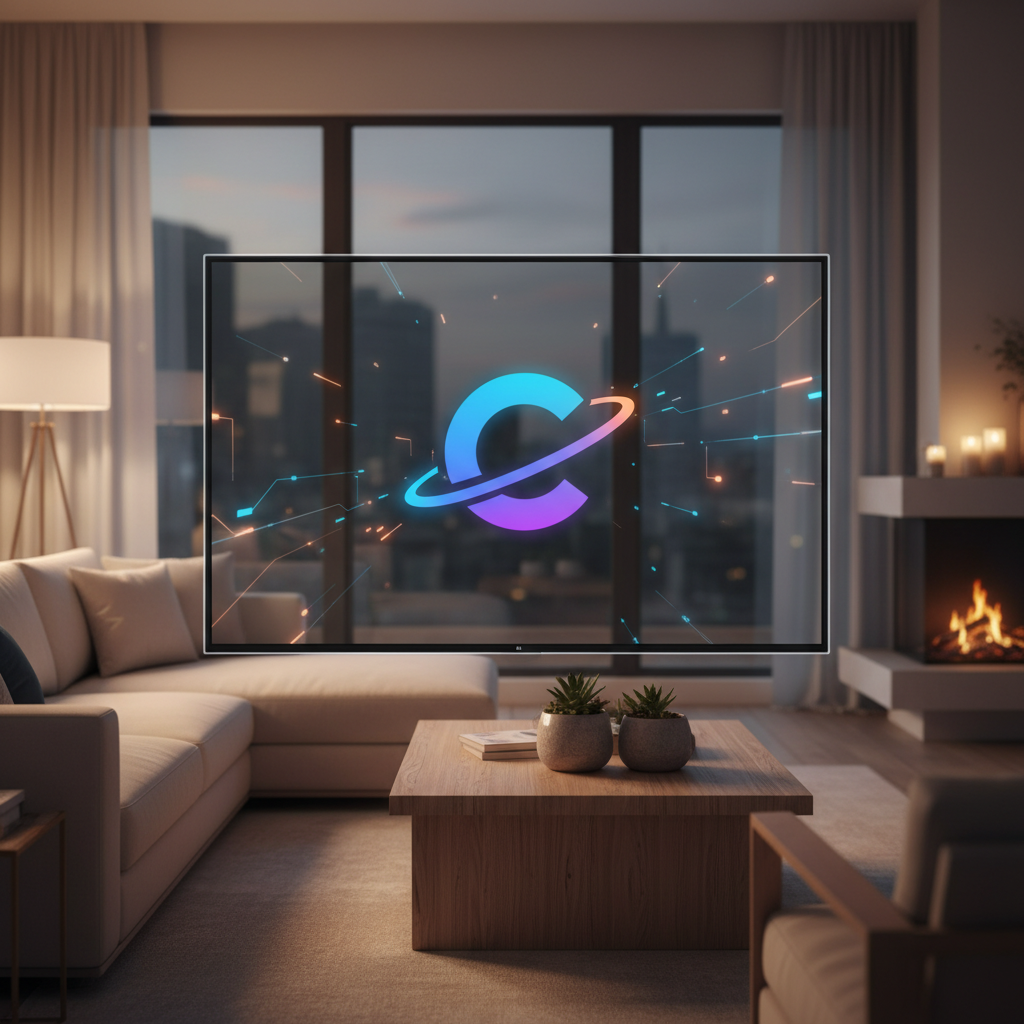 A modern LG smart TV screen displaying a Microsoft Copilot icon, a subtle futuristic UI overlay, warm and inviting living room background, clean infographic style, no text