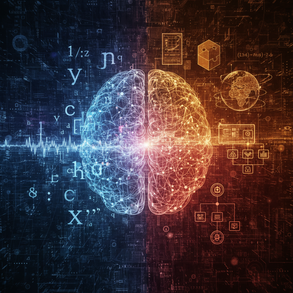 A modern, artistic rendering of the evolution from language models (LLMs) to true artificial intelligence, depicted by a brain-like network connecting abstract linguistic symbols to complex problem-solving visuals. Textured background, balanced lighting. No visible text.