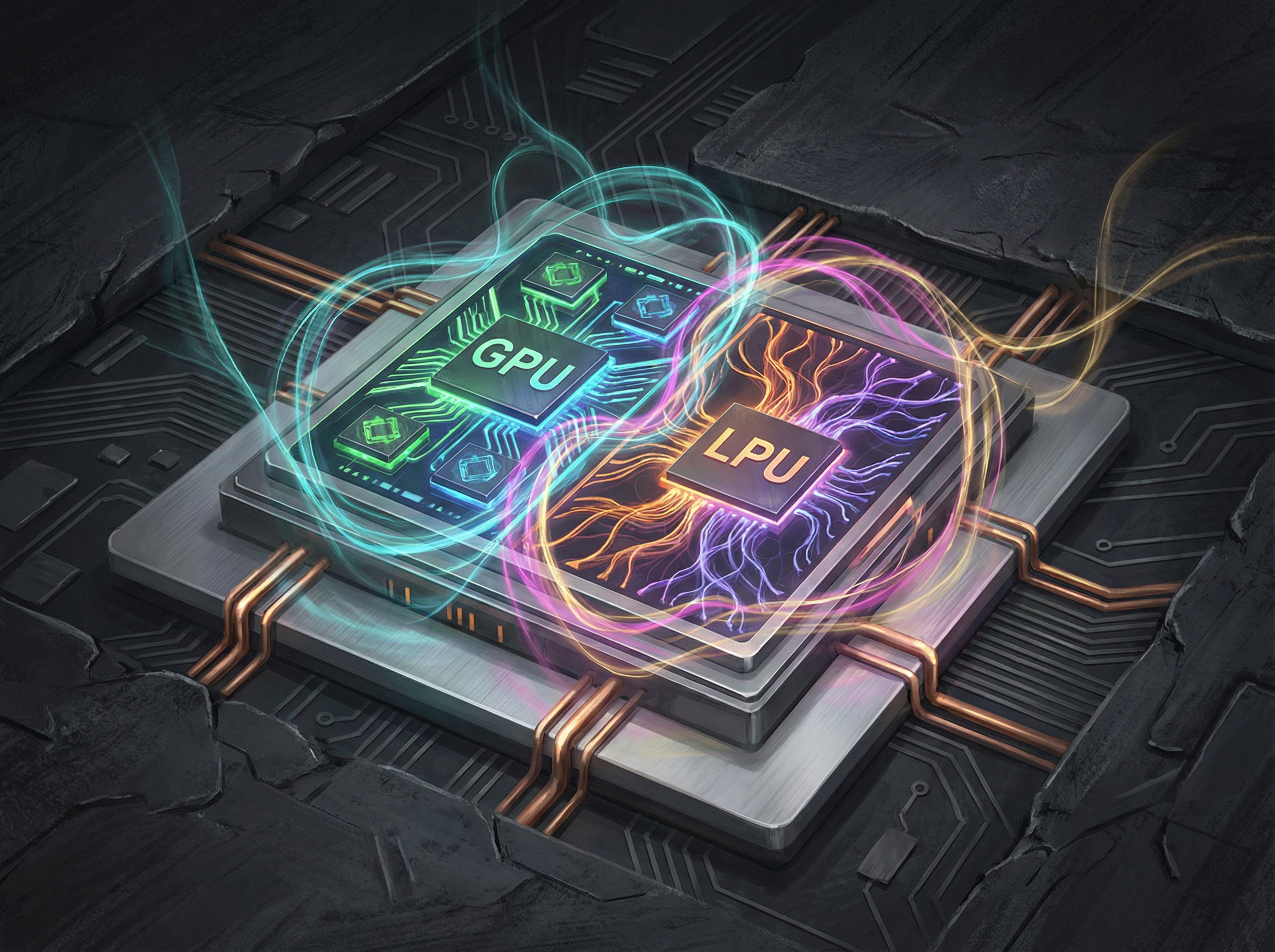 Concept art showing a blend of LPU and GPU chip architectures, vibrant energy flows, sophisticated design, textured dark background, no text, aspect ratio 4:3