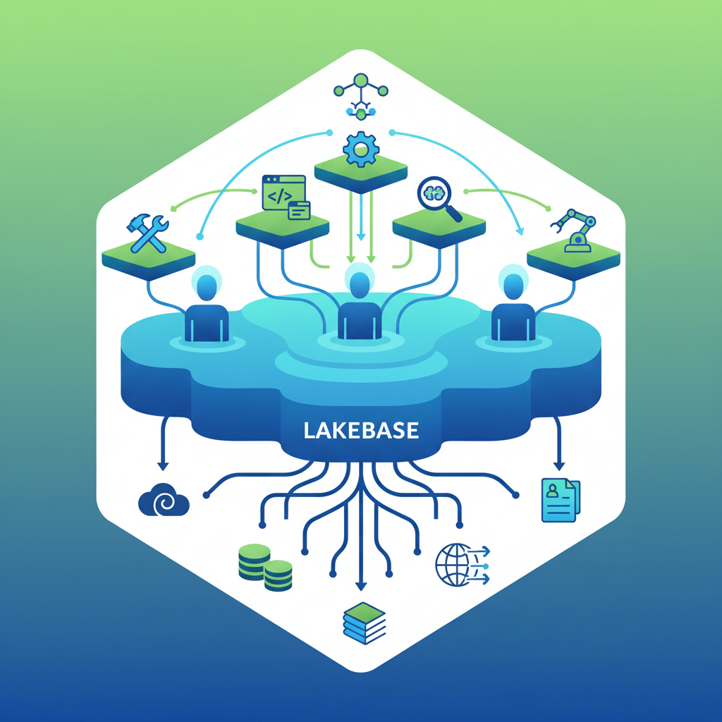 A visually rich infographic illustrating the concept of a "Lakebase" as a foundation for AI agents, connecting data sources and development tools, clean infographic, modern layout, high contrast, blue and green color scheme, no text