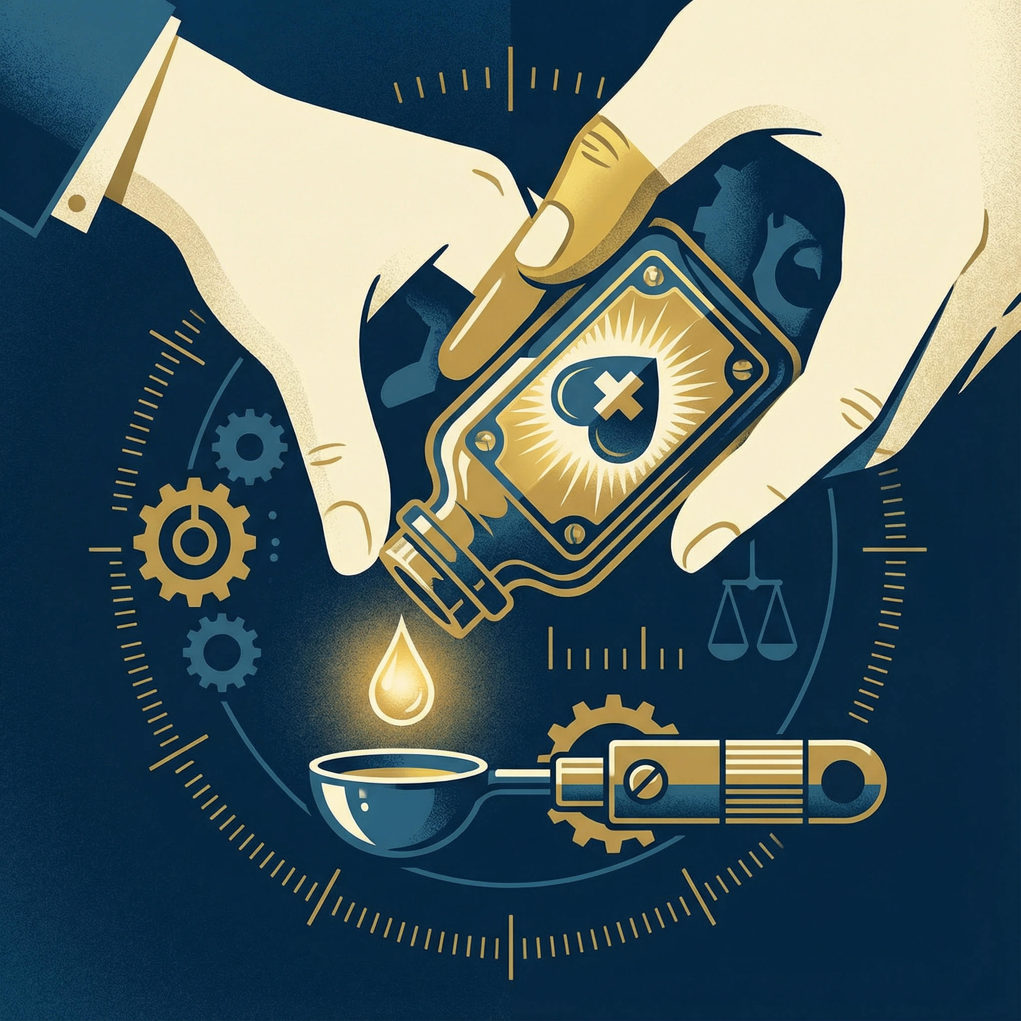 A stylized image of a single, precious vial of medicine being carefully held or measured, conveying the idea of rationing and responsible use. Clean infographic style, high contrast, aspect ratio 1:1, no visible text.