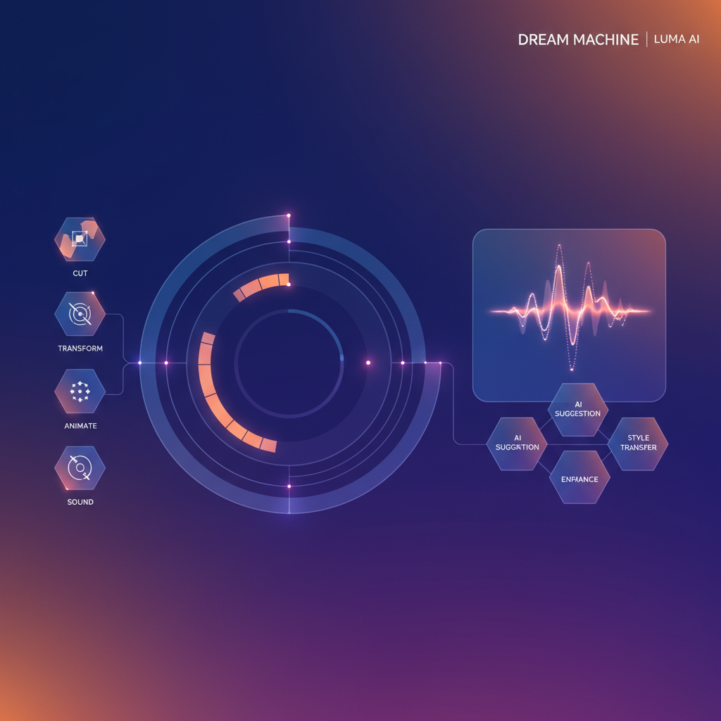 An intuitive user interface of Luma AI's Dream Machine platform, showing video editing tools, clean infographic, modern layout, high contrast, gradient background, no text