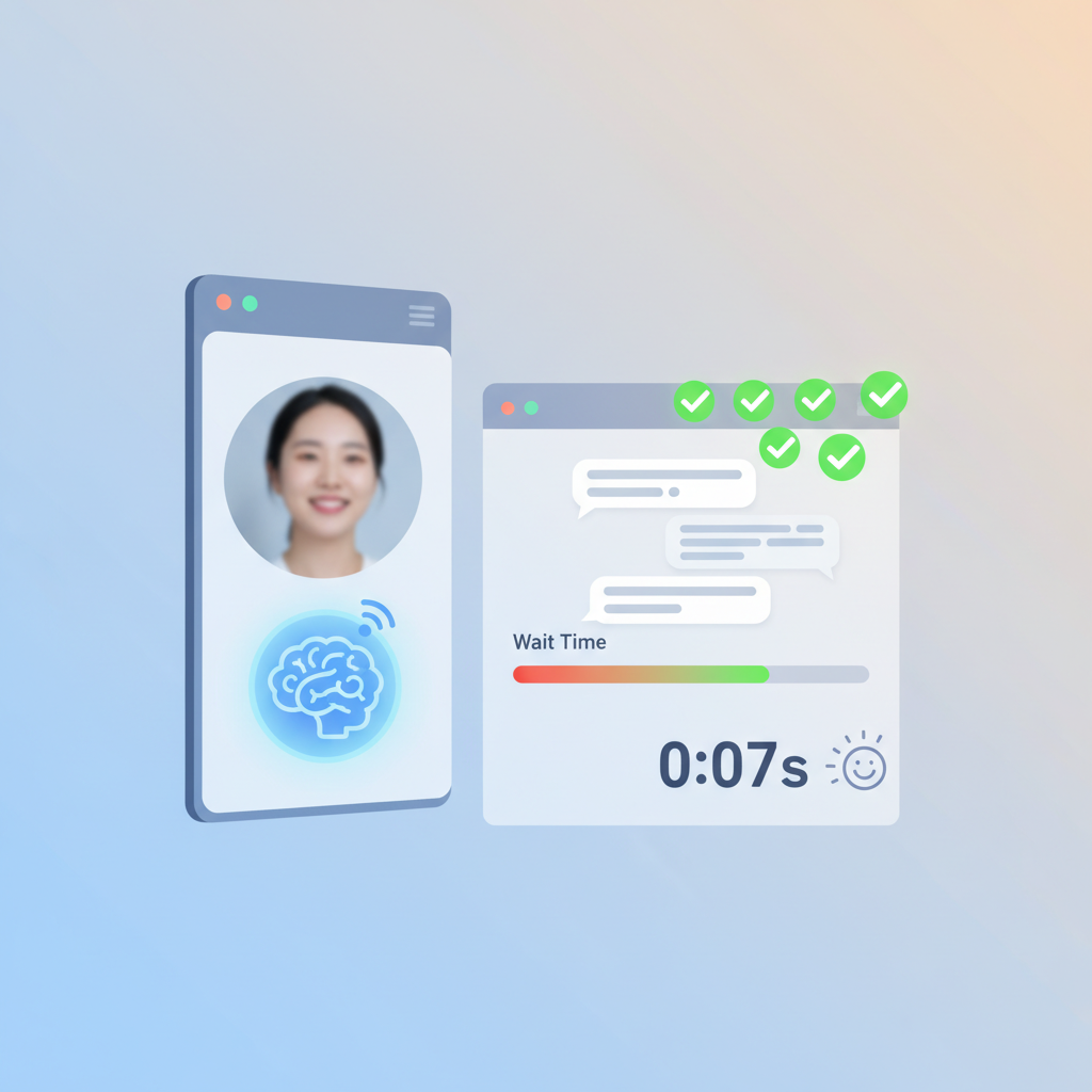 A modern and clean infographic illustrating the efficiency of an AI agent in customer service. Show a stylized interface where a user (represented by a Korean figure with natural expression, blurred face) interacts with an AI agent (represented by a digital assistant icon). Emphasize fast problem resolution and positive user experience through visual cues like glowing checkmarks and reduced wait times. Use a bright, balanced lighting with a soft gradient background. No visible text.