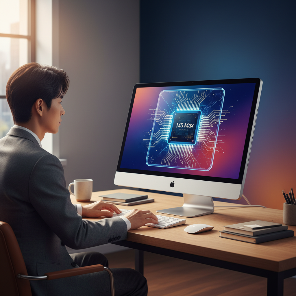 A sleek, modern all-in-one desktop computer with a large, vibrant display on a desk, showing a powerful M5 Max chip inside, clean lines, professional workspace, warm lighting, gradient background, Korean professional, centered focus, no text, 4:3 aspect ratio