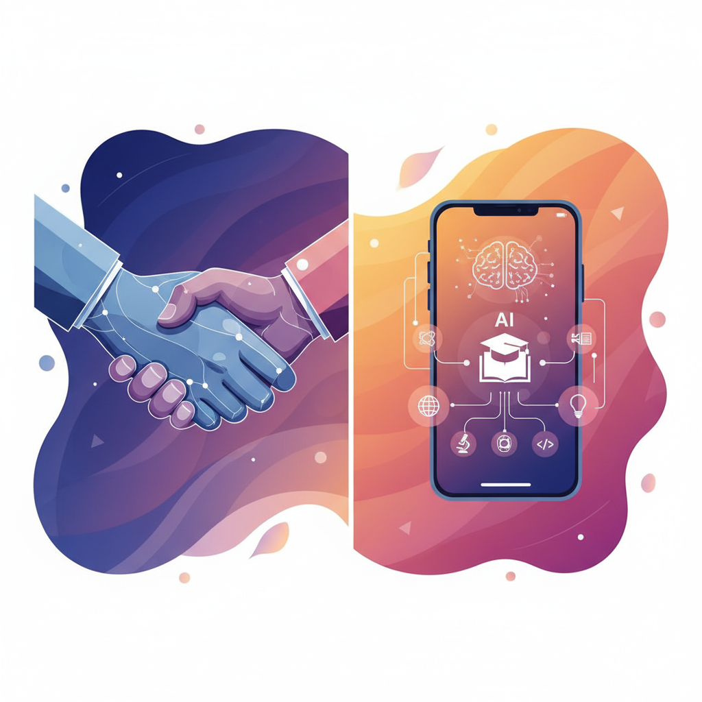 A modern conceptual image showing two hands shaking (representing M&A) on one side and a stylized AI learning app interface on a smartphone on the other, integrated with abstract educational icons, vibrant gradient background, no text, clean infographic, modern layout