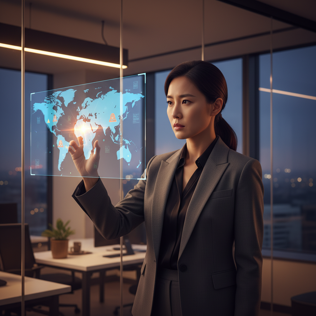A serious yet determined Korean woman in a professional setting, looking thoughtfully at a holographic projection of a world map with subtle threat indicators, warm lighting, gradient background, no text