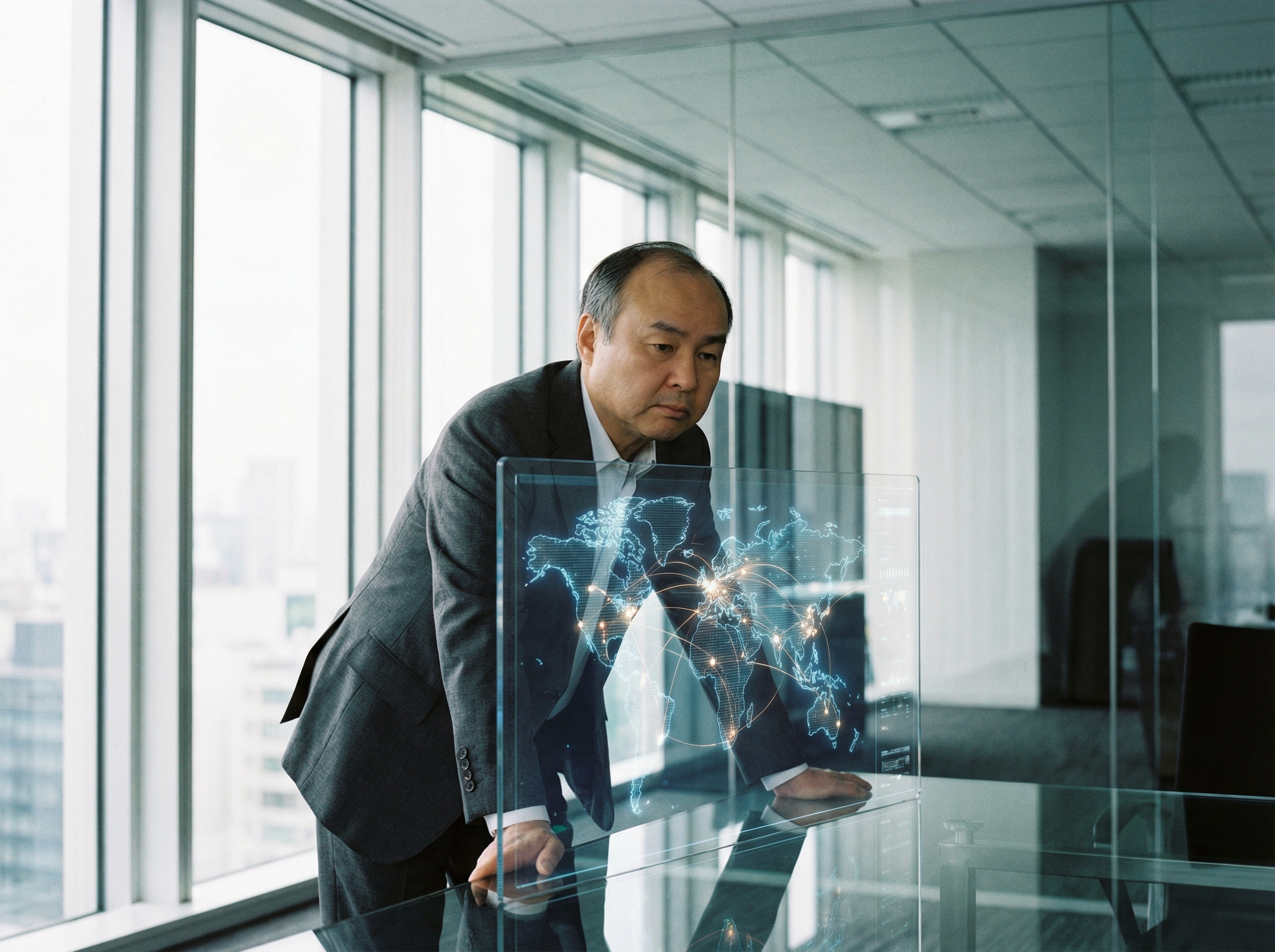 Masayoshi Son, SoftBank CEO, in a modern office, looking intently at a transparent digital world map with glowing AI connection lines. Serious, strategic expression, no visible text, aspect ratio 4:3.