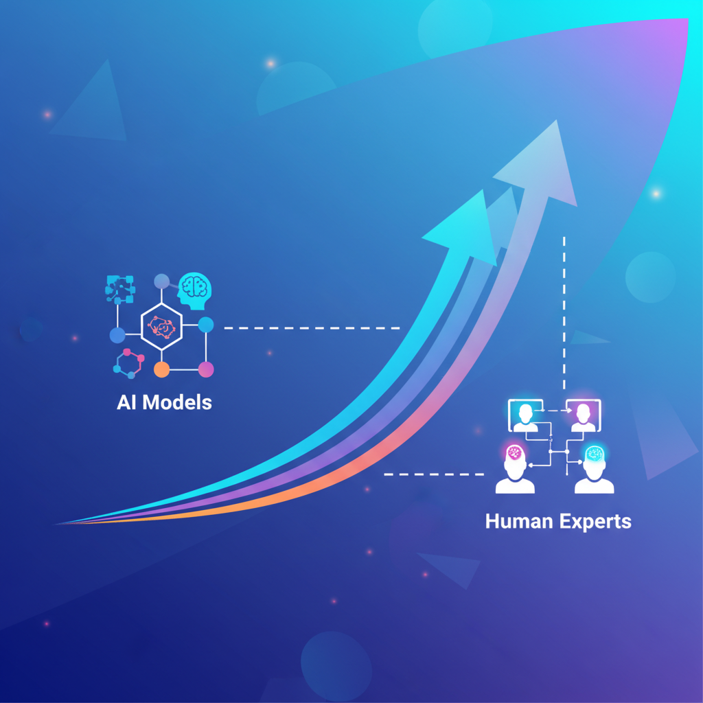Clean infographic showing rapid growth in AI data training market, with upward trend arrows and stylized icons representing AI models and human experts. Modern layout, high contrast, gradient background. No visible text.