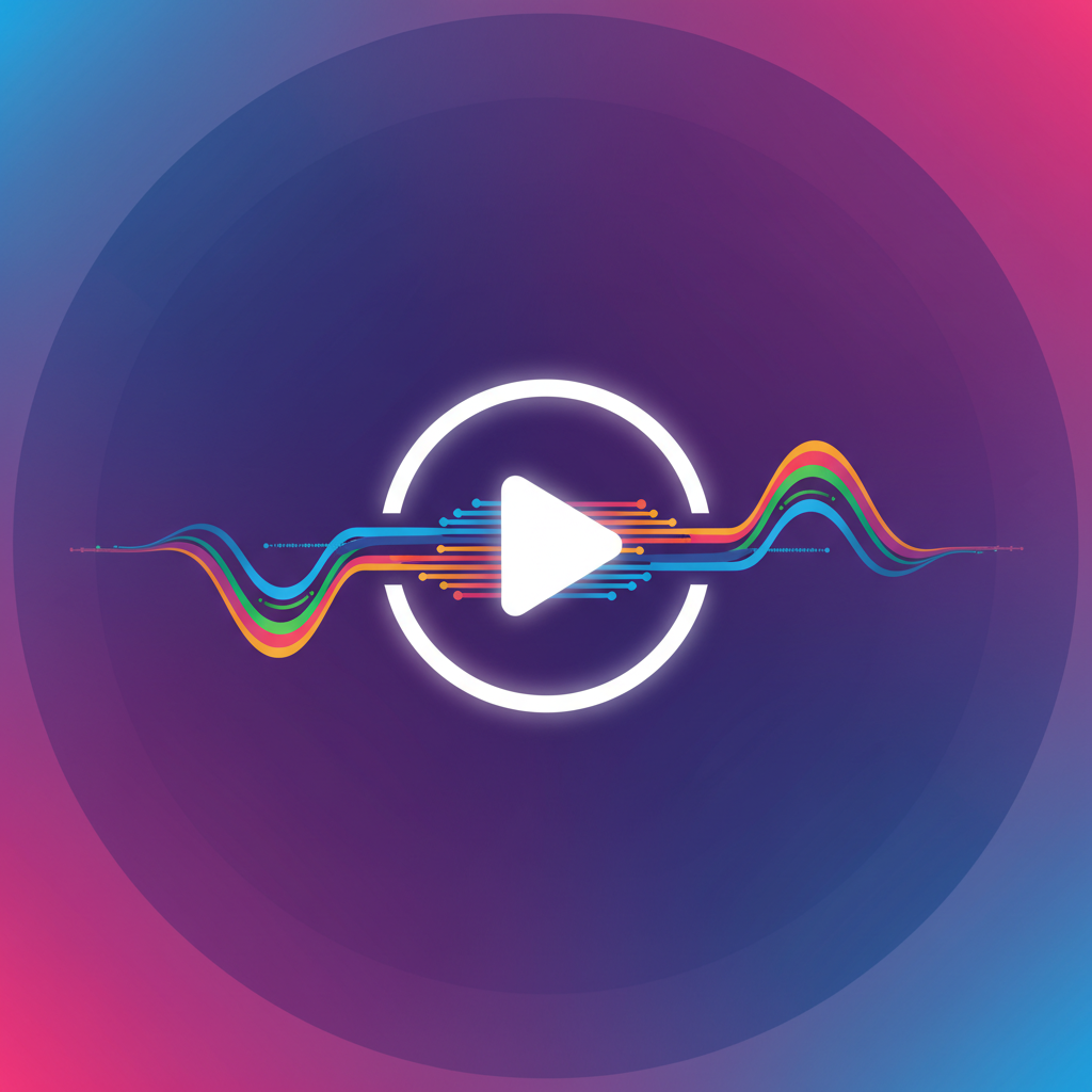 A vibrant infographic showing sound waves merging with a video play icon, representing AI audio technology, modern layout, high contrast, gradient background, no text.