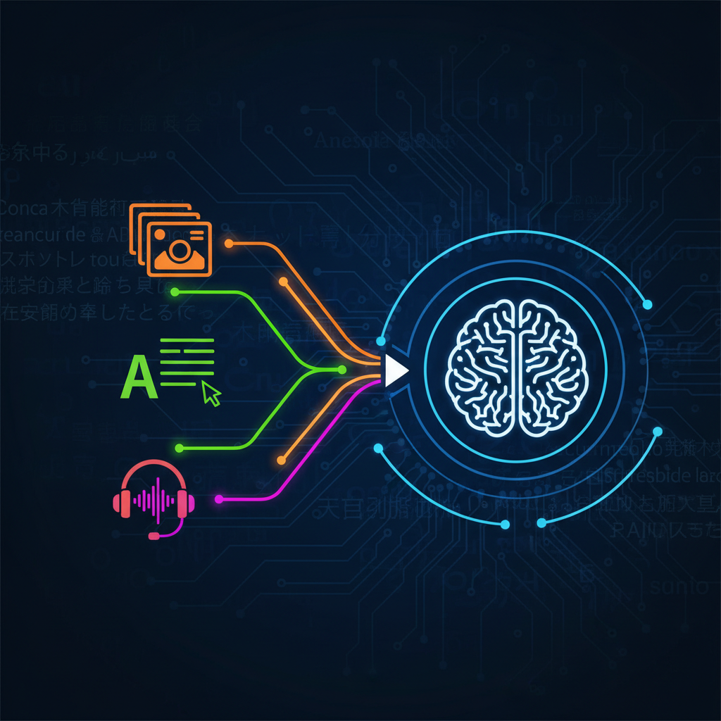 A modern infographic showing different forms of data (images, text, audio icons) flowing into a central AI brain, with multilingual text elements subtly integrated into a digital circuit background. Clean layout, high contrast, no visible text.