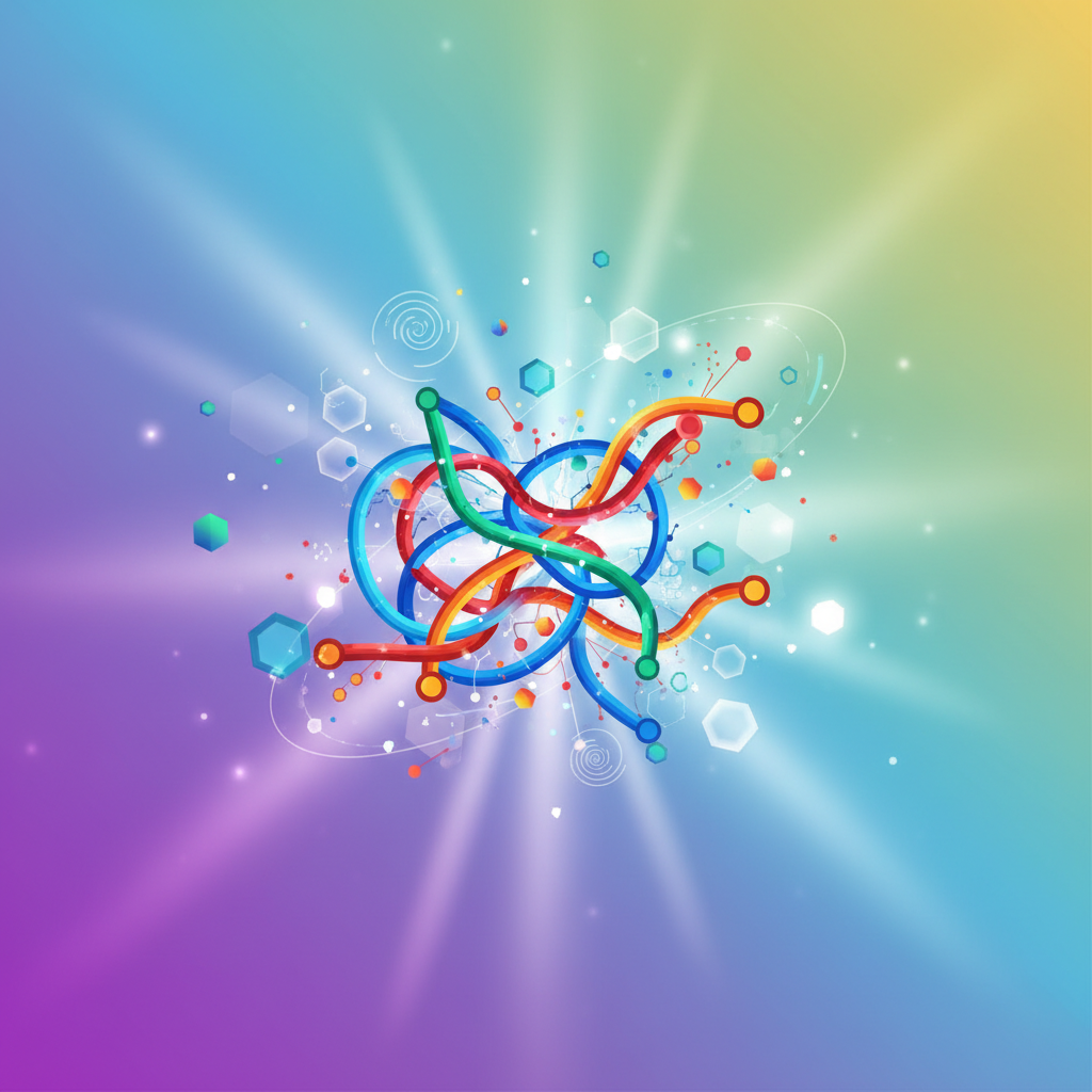 An energetic and forward-thinking infographic representing cutting-edge AI technology, featuring dynamic lines and abstract shapes in a vibrant colored background. No text, clean modern layout.